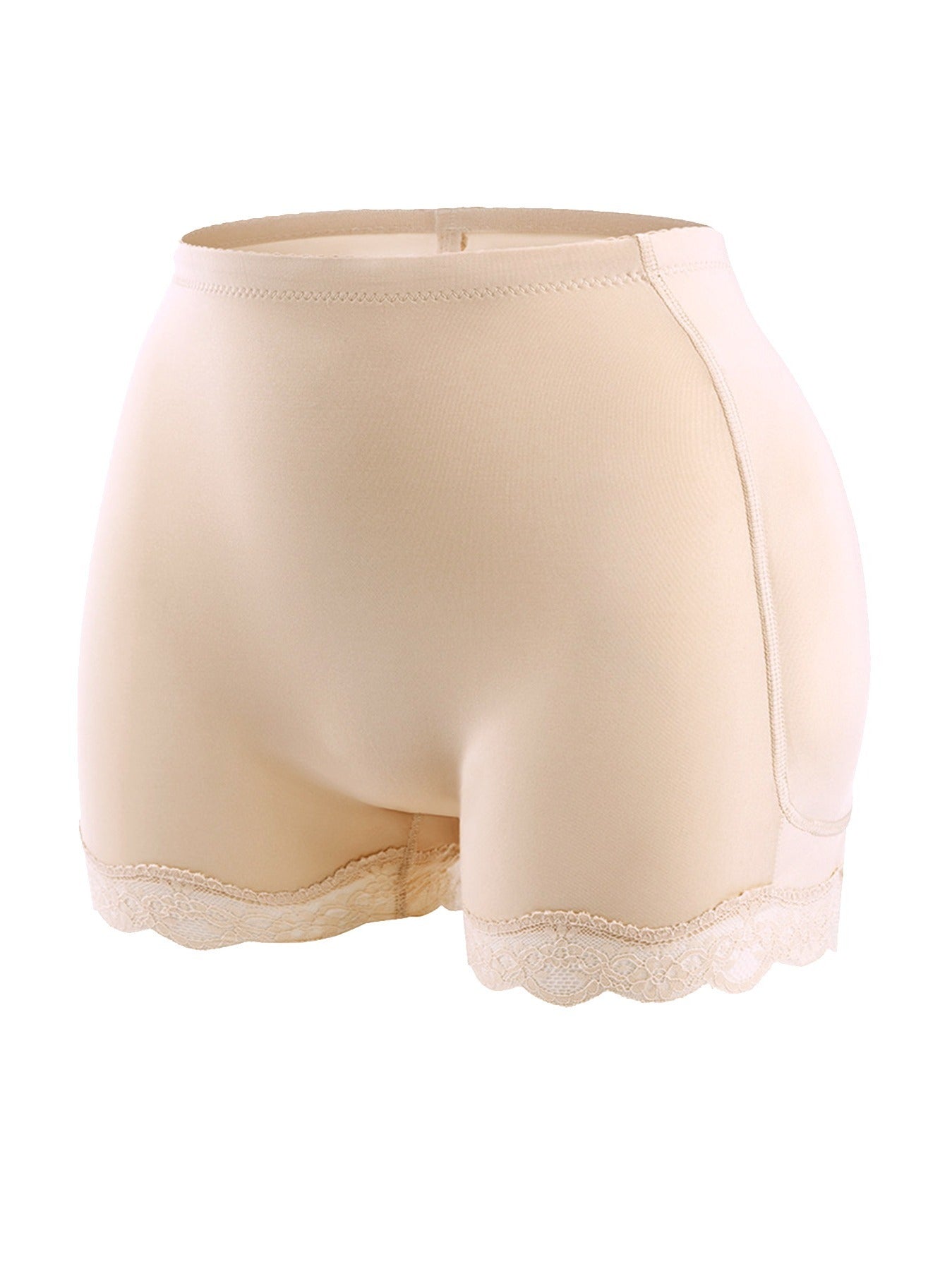 Women's Beige Lace-Trimmed Shapewear Shorts with Removable Pads High-Waisted Tummy Control