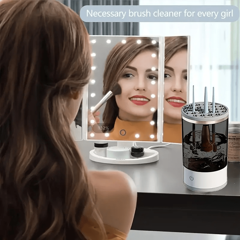 USB-Powered Makeup Brush Cleaner Dryer with Drying Rack Transparent Design Metal Accents Alcohol-Free Portable Durable Plastic