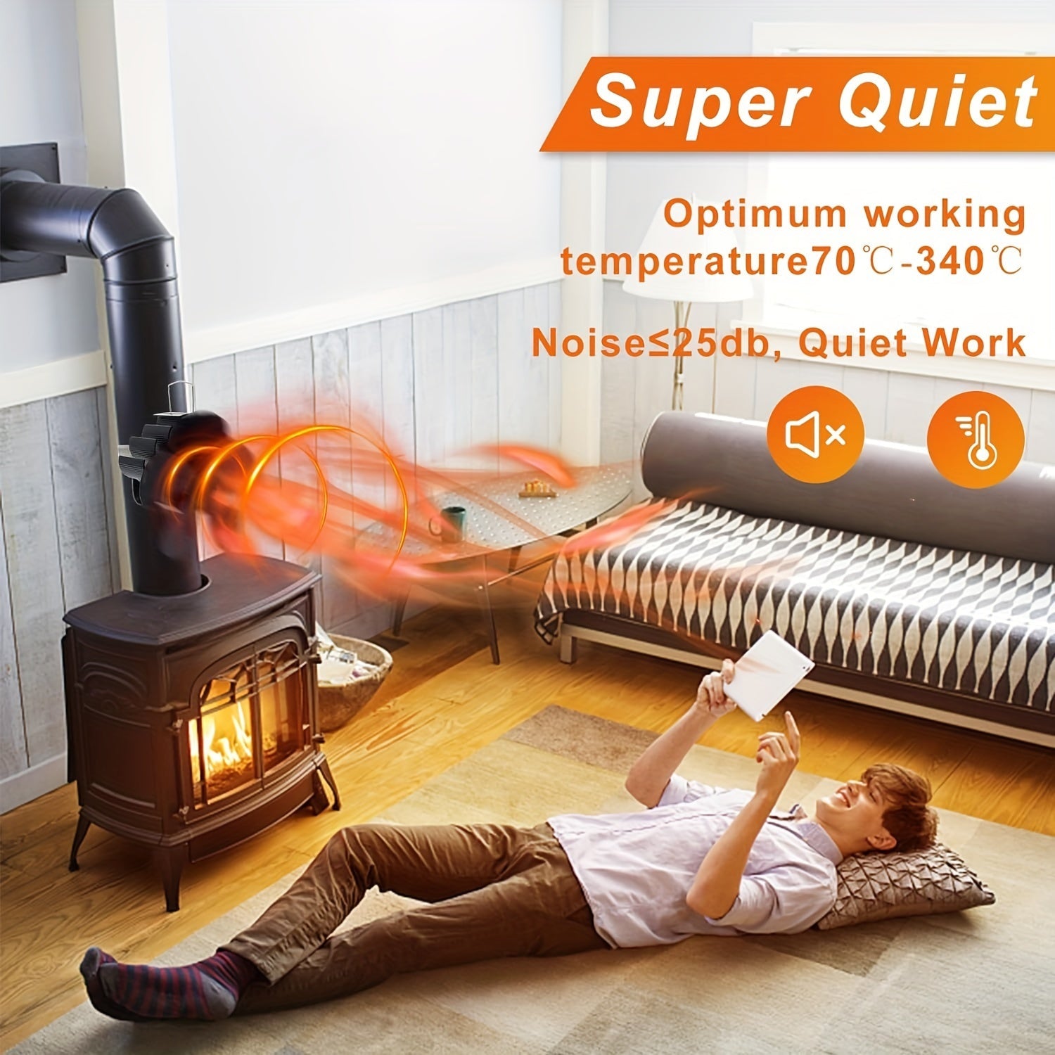 Quiet 4-Blade Heat-Powered Stove Fan Wall Mount for Fireplaces and Wood Stoves