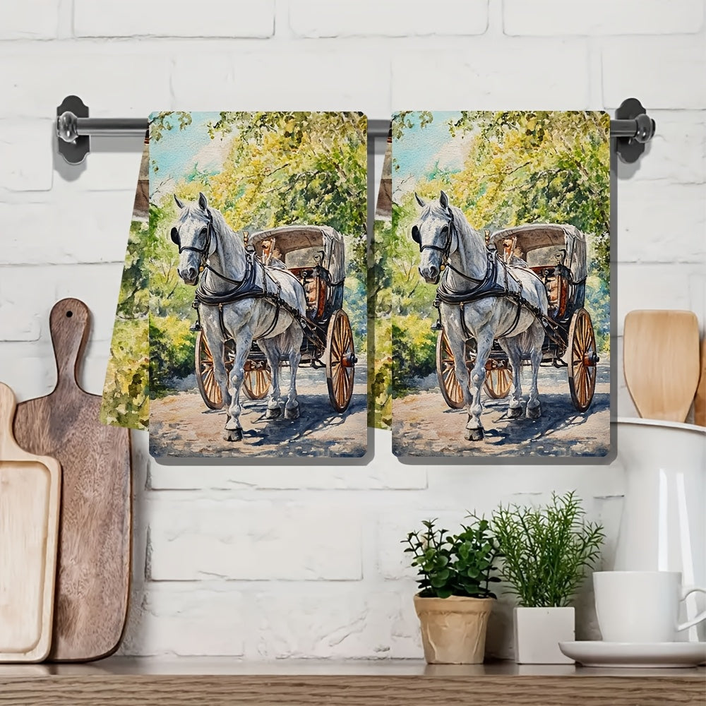 Vintage Horse-Drawn Carriage Kitchen Towels Set of 2 Ultra Soft Absorbent Dish Hand Towels