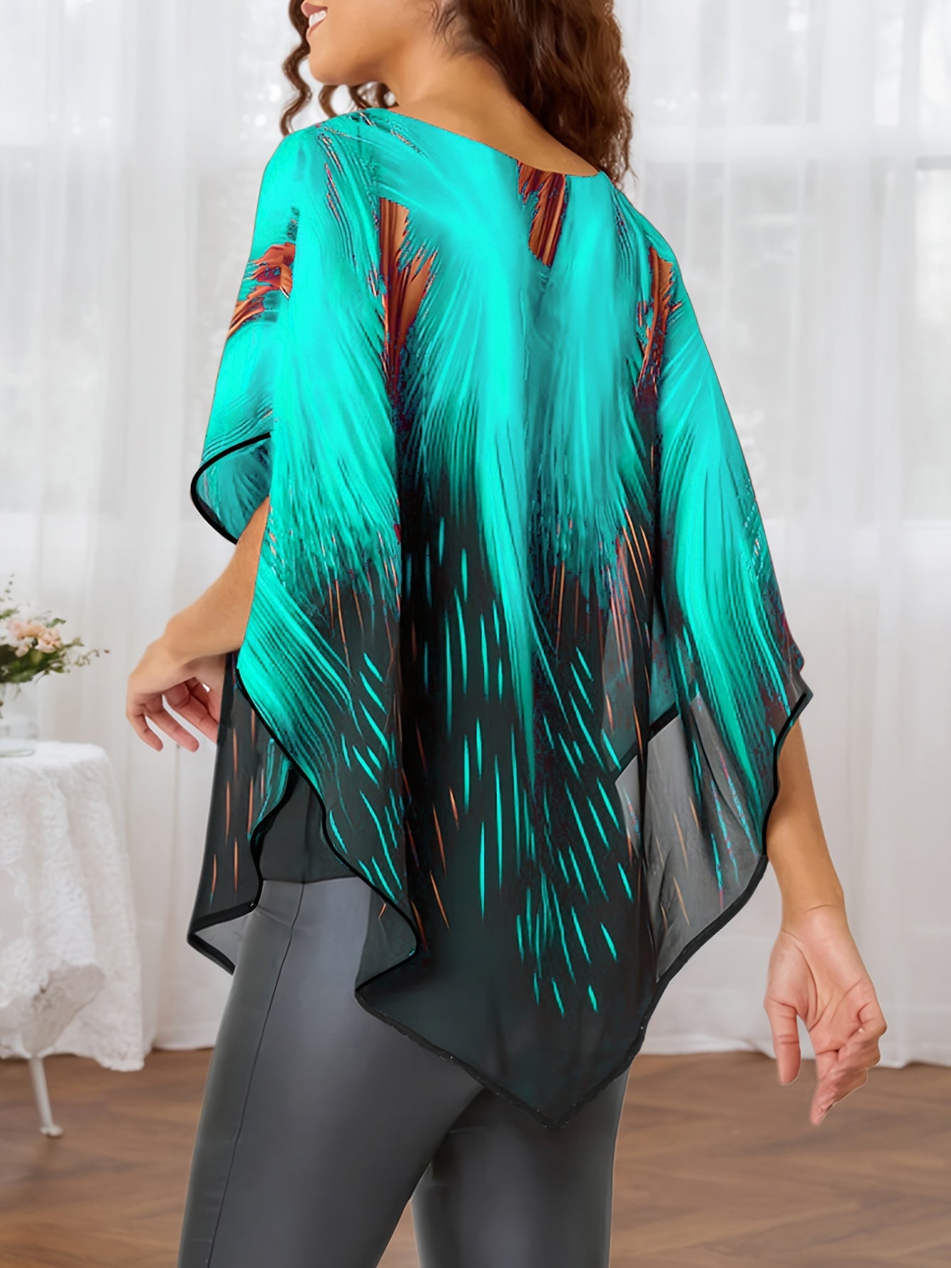 Plus Size Women's Mesh Panel Faux Two-Piece Top Black Turquoise Flame Print Short Sleeve Blouse