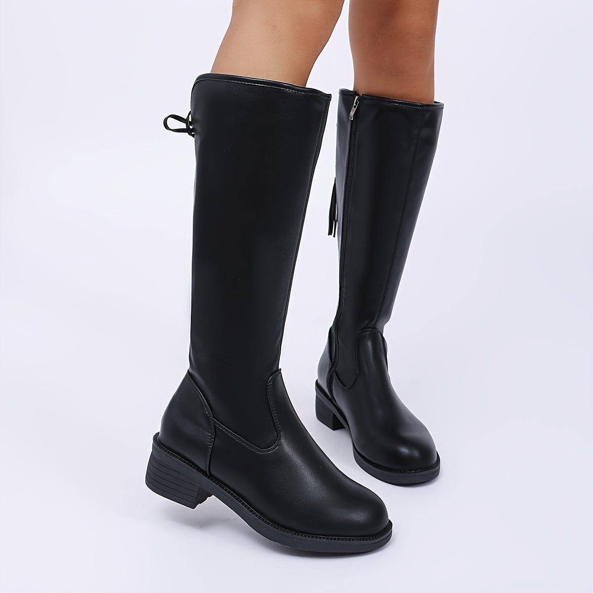 Women's Black Faux Leather Riding Boots with Chunky Heel and Side Zipper