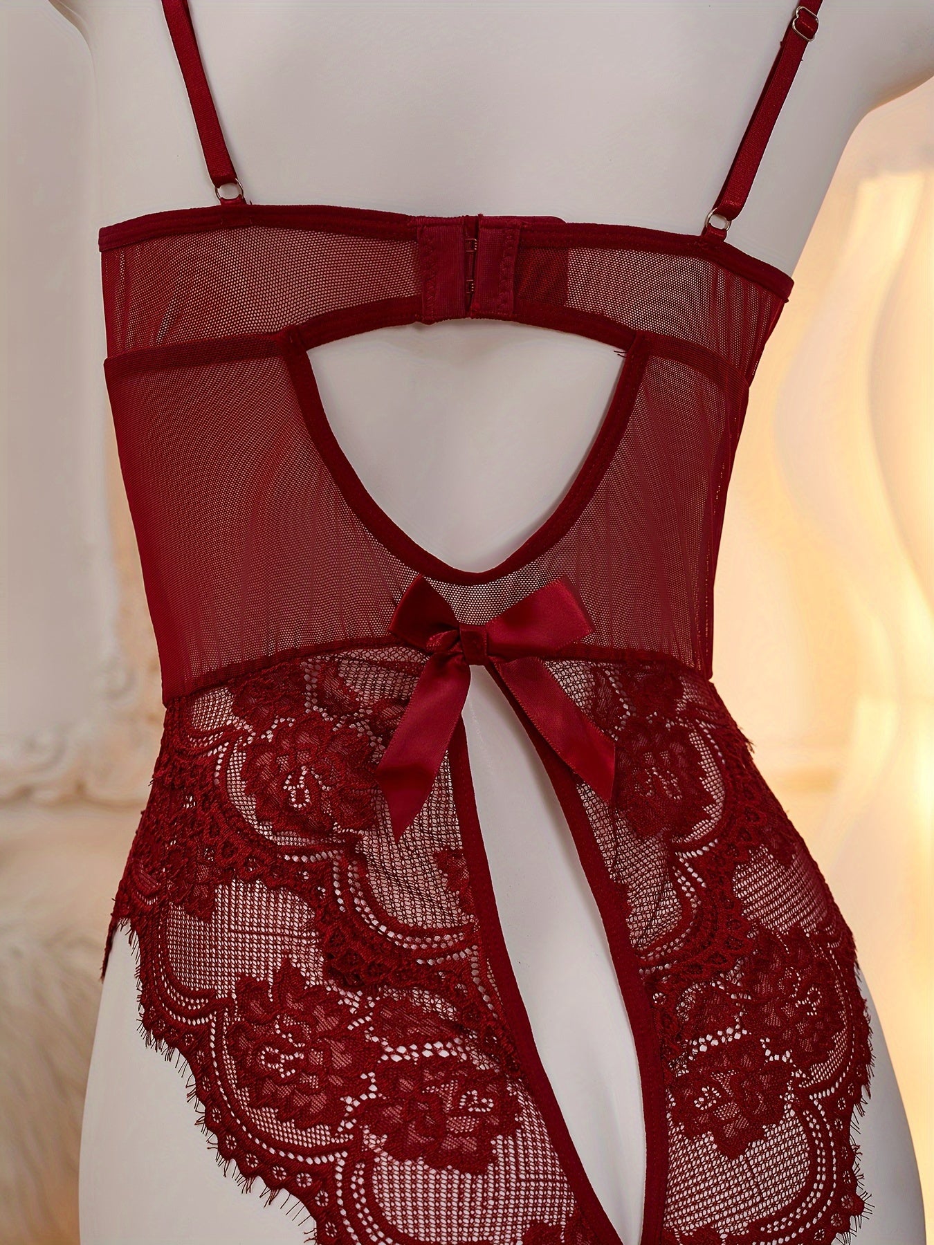 Women's Red Lace Velvet Teddy with Heart Cut-Out and Strappy Back