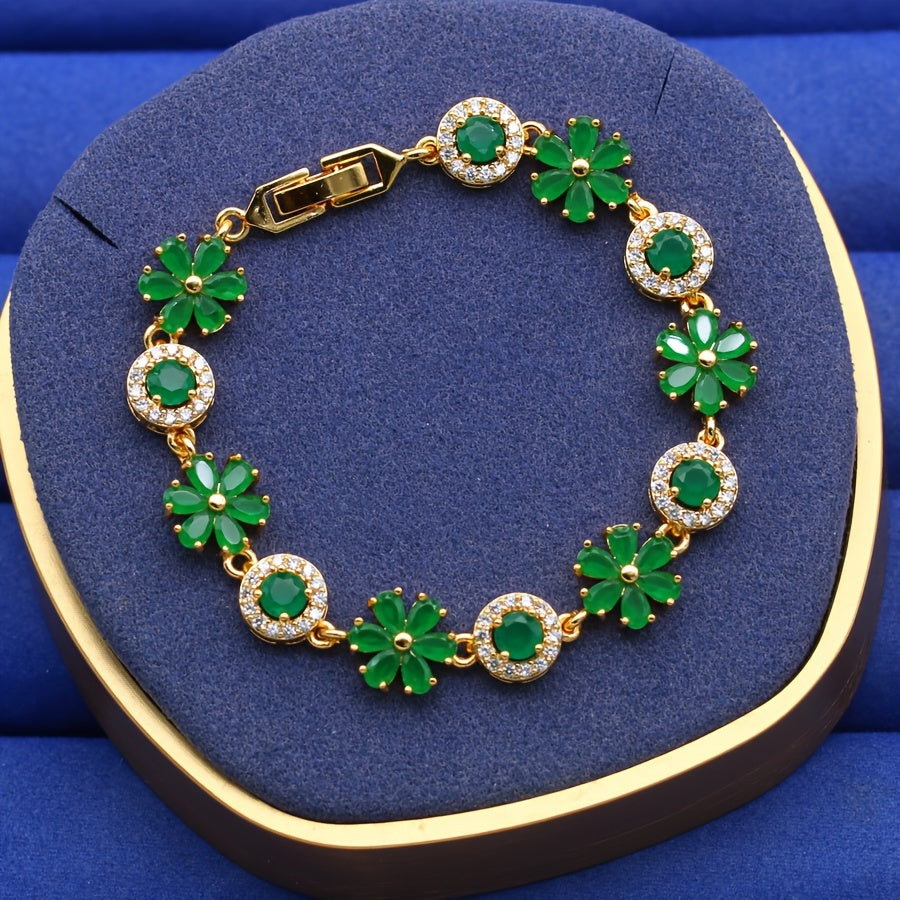 Copper Flower Link Chain Necklace with Synthetic Emerald and Rhinestones for Women