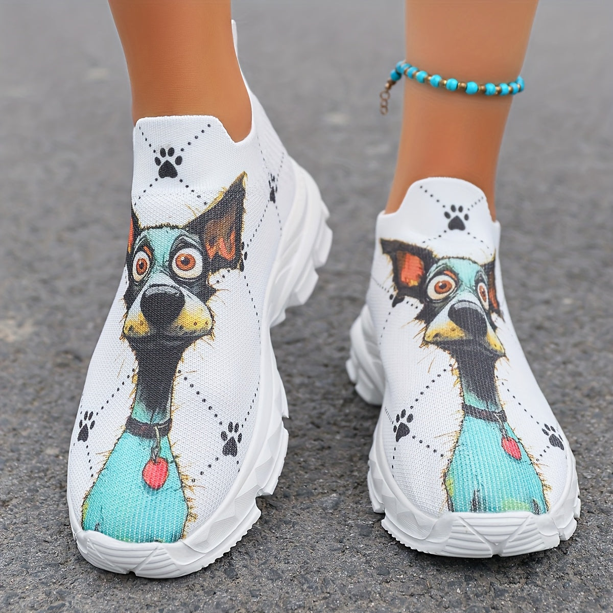 Women's Casual Sneakers with Puppy Print Lightweight Breathable Fabric