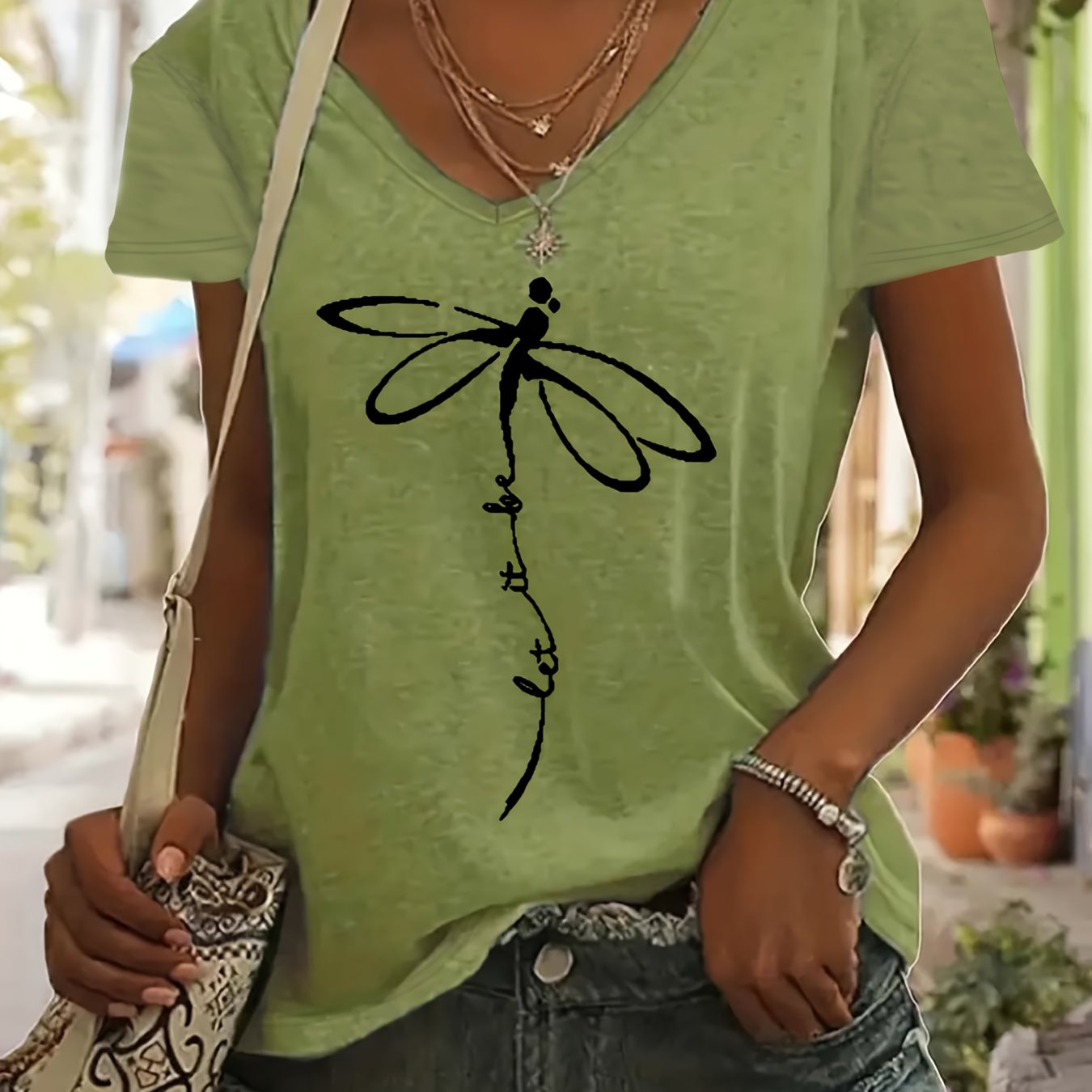 Plus Size Women's V-Neck T-Shirt Geometric Dragonfly Print Mint Green Black
