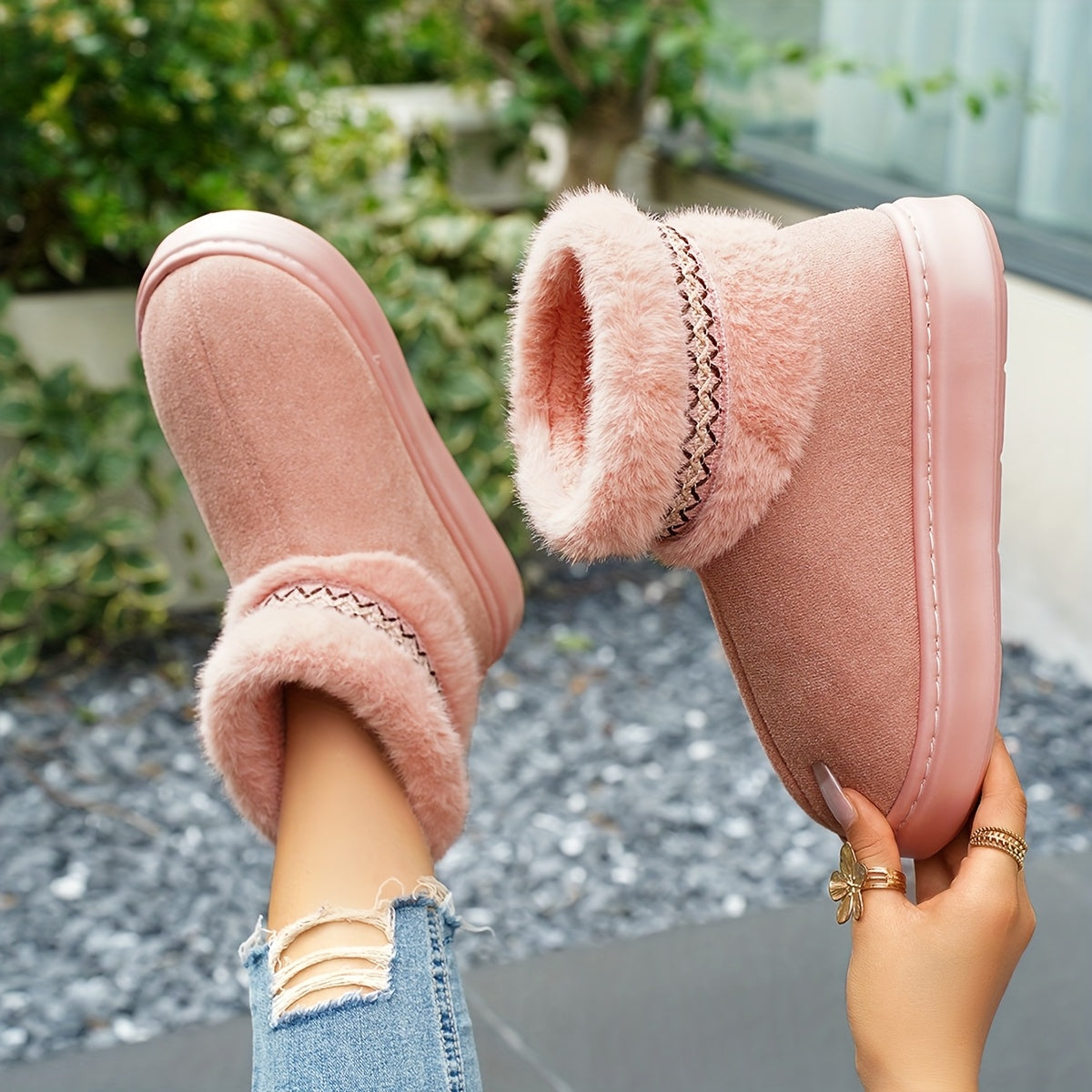 Women's Autumn Winter Solid Color Plush House Slippers Anti-Slip Comfort