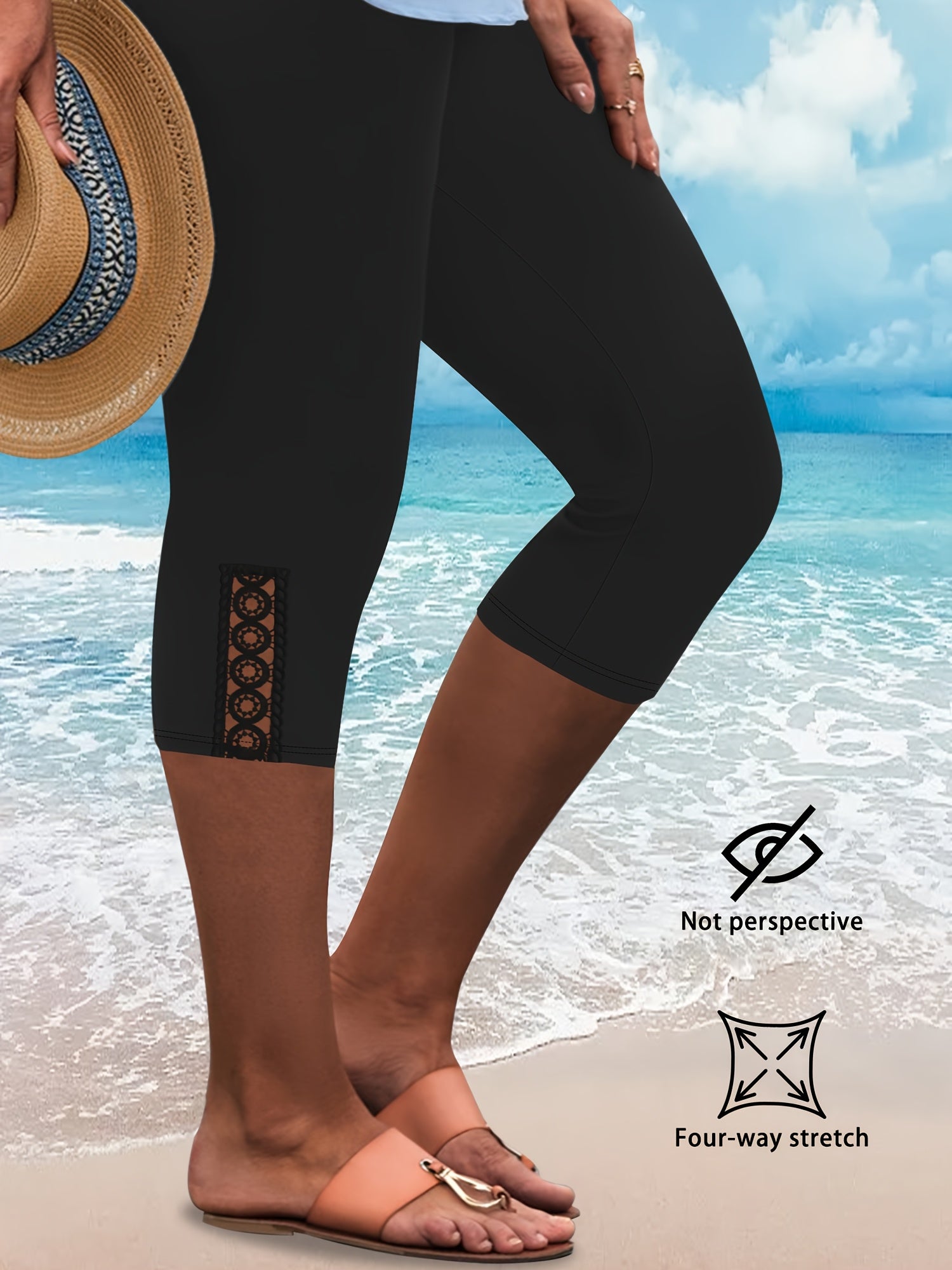 Women's Plus Size High-Waist Capri Leggings with Lace, Stretchy, Solid Color