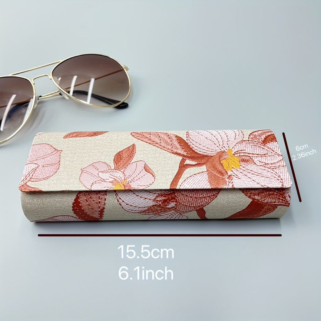 Floral Print Hard Eyeglass Case with Magnetic Leather Closure Stylish Sunglass Storage Box