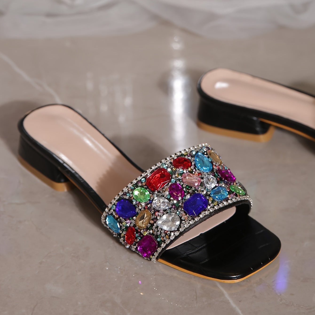 Women's Colorful Rhinestone Flat Slide Sandals for Summer Beach
