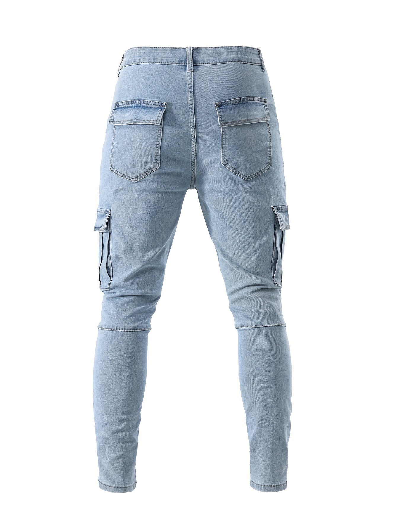 Erkaklar uchun elastik denimdan tayyorlangan, ko'p cho'ntakli dizayni bilan slim fit kargo jinsilari, ko'cha uslubi va barcha mavsumlar uchun ideal.