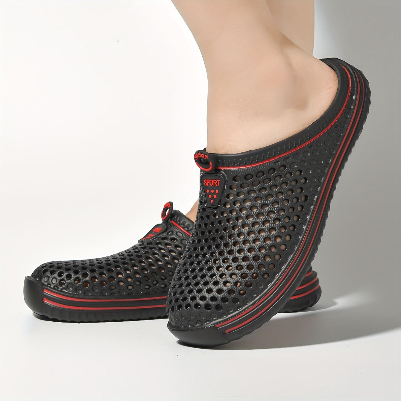 Women's Black and Red EVA Clogs: Breathable Garden Shoes with Adjustable Strap