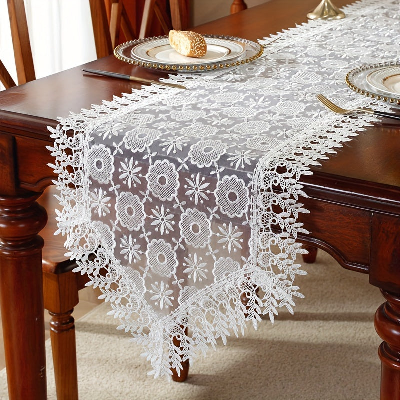 Polyester Table Runner with White Embroidery Flowers and Lace Edge for Dining or Room Decor
