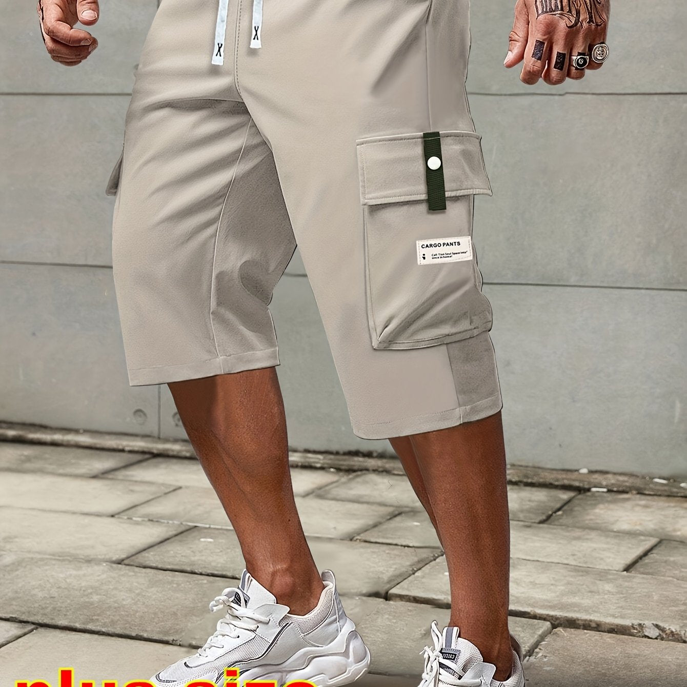 Plus Size Men's Cargo Shorts with Drawstring Waist Polyester Solid Casual Summer Activities