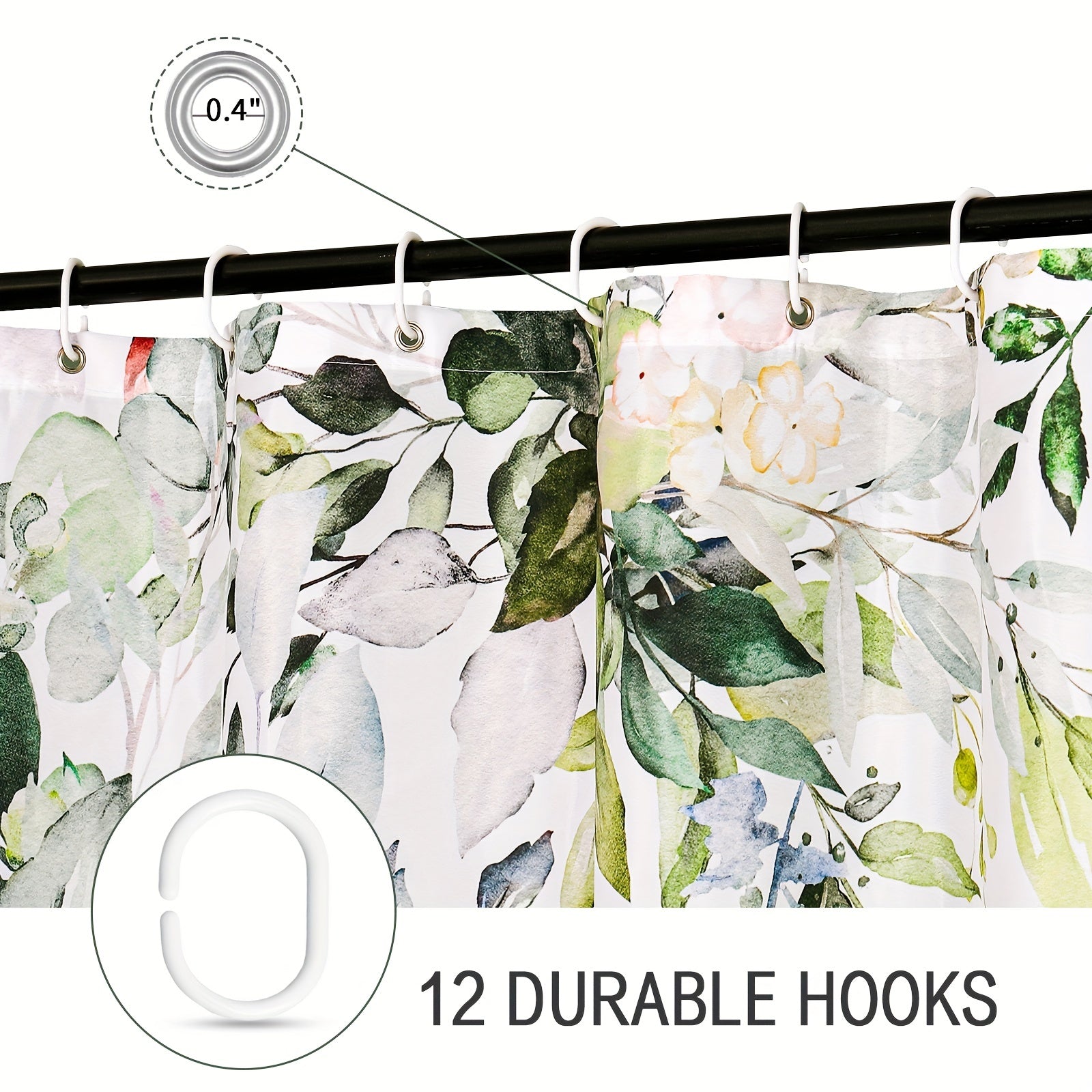 Waterproof Eucalyptus Shower Curtain with Watercolor Plant Leaves Floral Design Includes Hooks