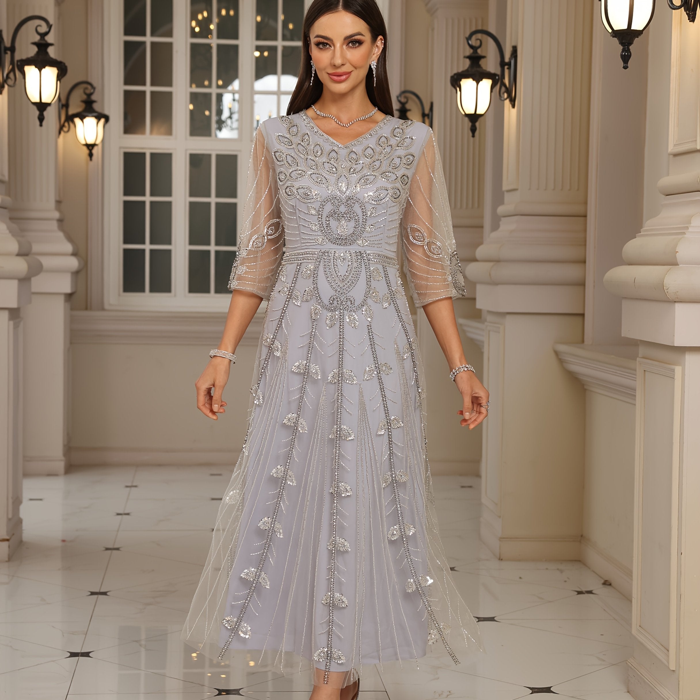 Women Sequin V-Neck Evening Gown Half Sleeve Formal Dress for Spring Summer Fall