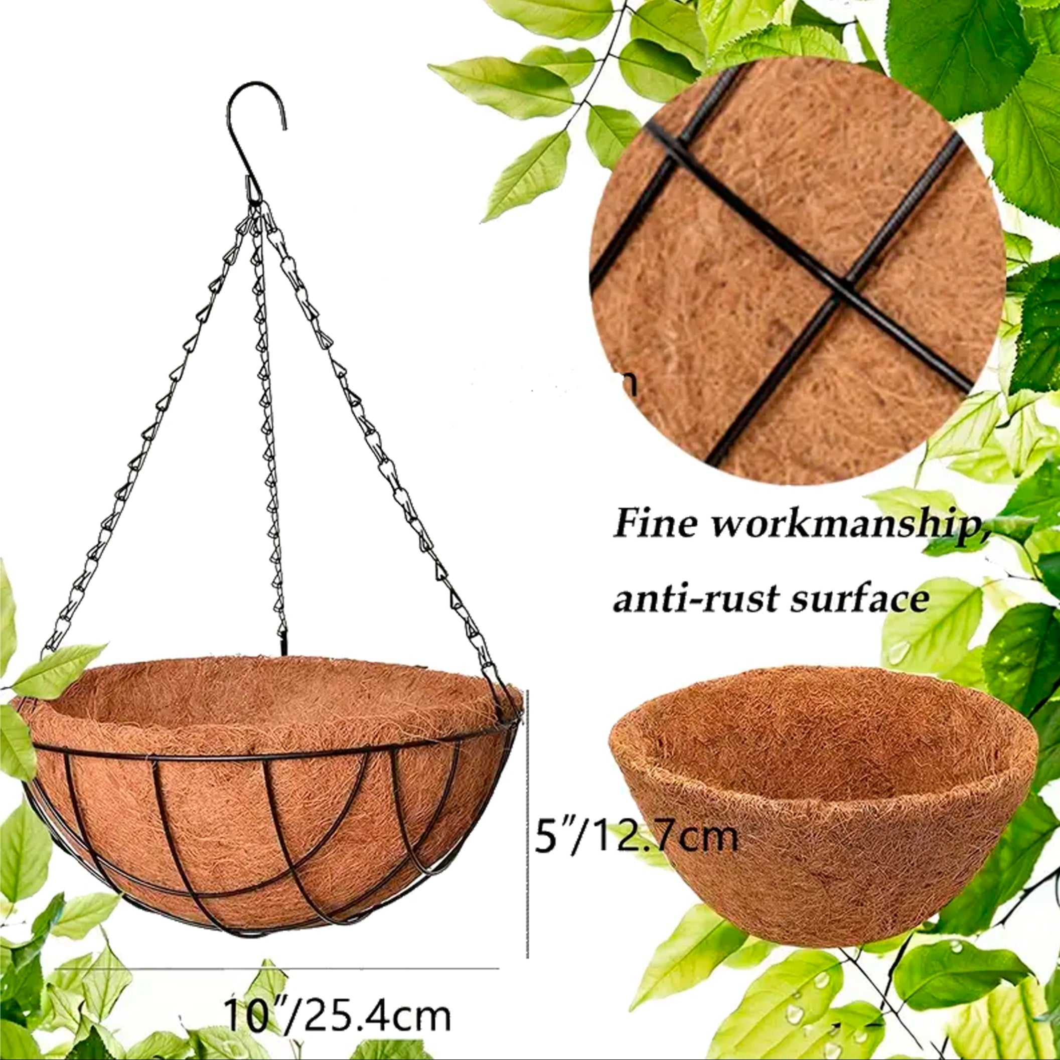 Set of 2 Metal Hanging Plant Baskets 10-Inch Round Wire with Coconut Liners for Outdoor Garden Decor
