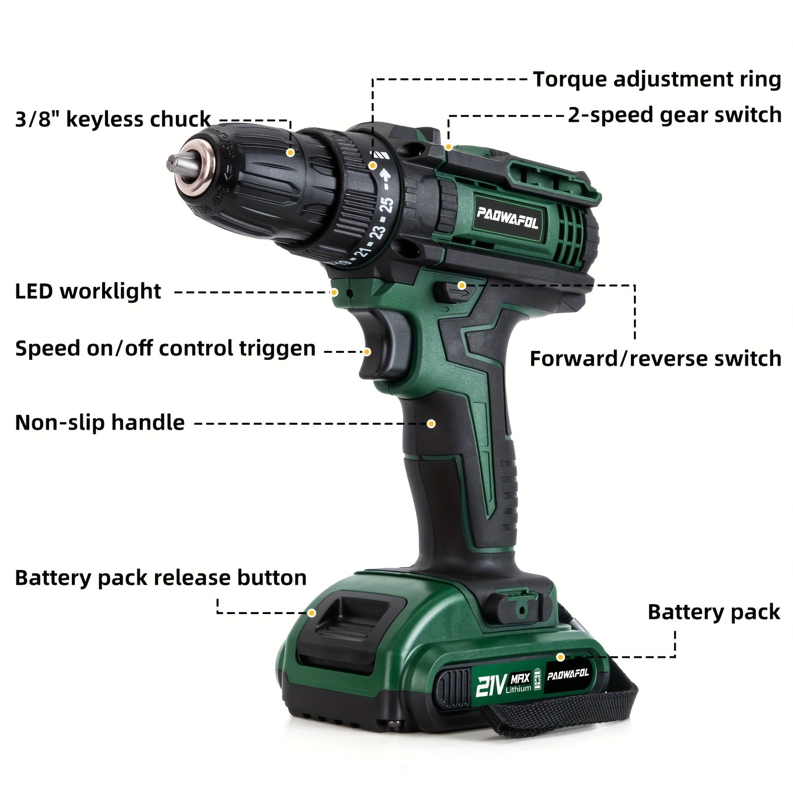 21V Cordless Drill with Rechargeable Lithium-Ion Battery 2-Speed 25+1 Torque LED Light for DIY Home Garden