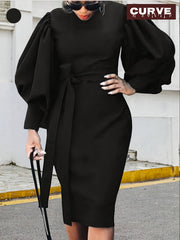 Women's Plus Size Solid Color Lantern Sleeve Casual Dress with Tie Waist