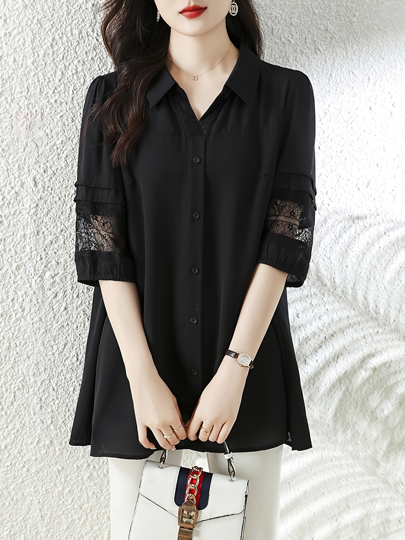 Plus Size Women's Black Chiffon Lace Trim Top Casual Short Sleeve Blouse