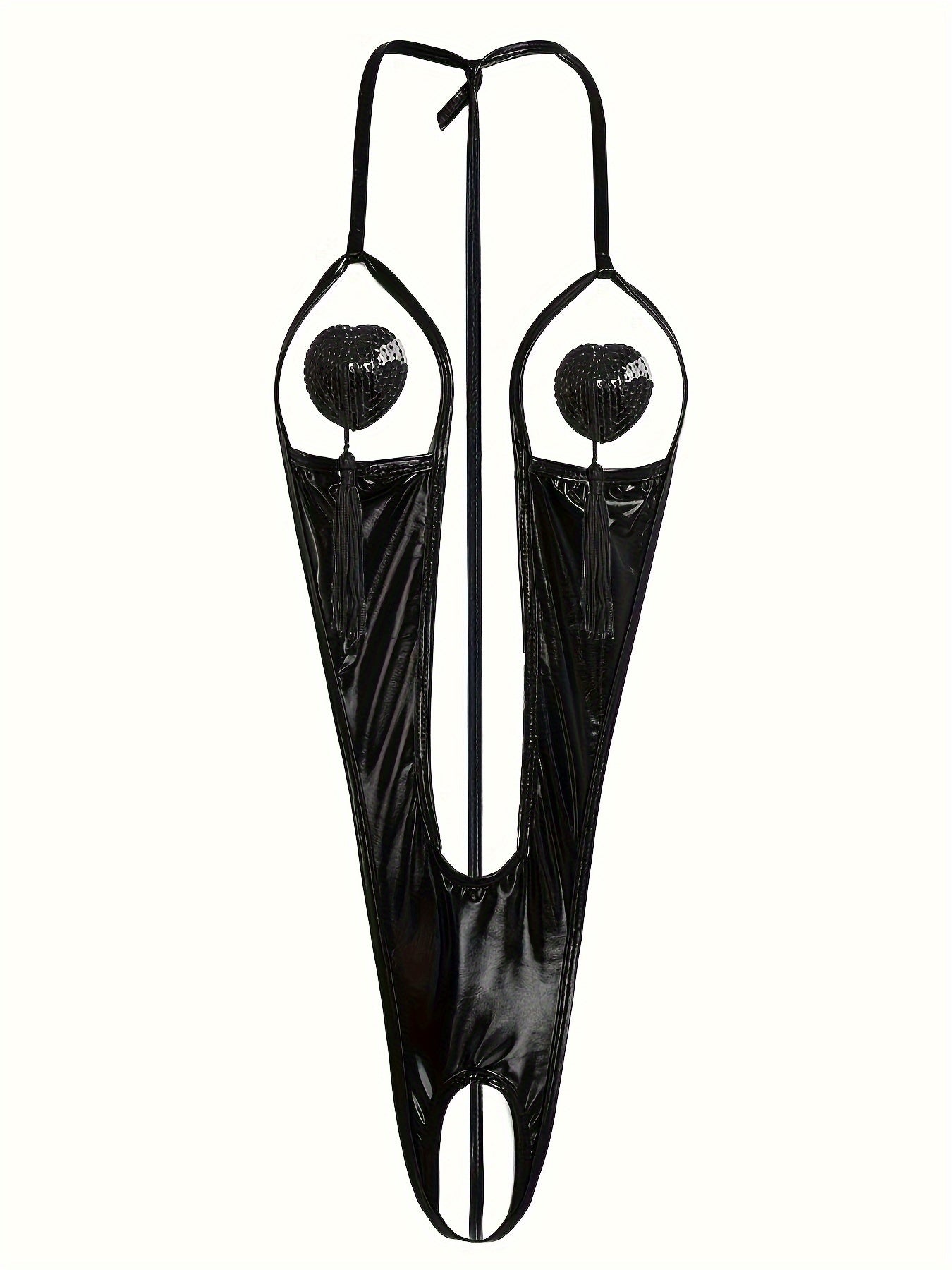 Sexy Glitter PU Leather Teddy with Halter Open Cup and Crotch Lingerie Set