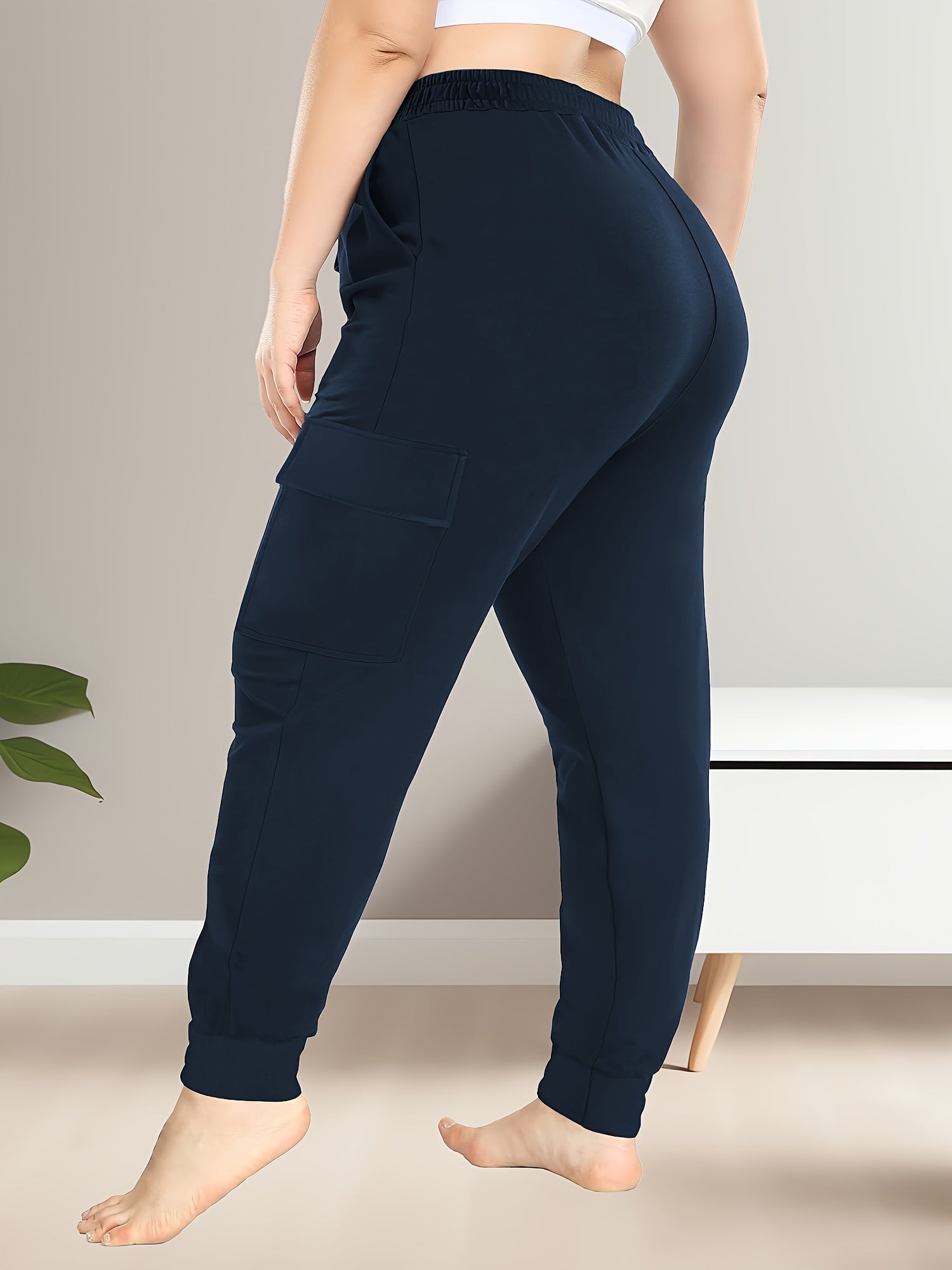 Pantalones cargo de talle alto para tallas grandes con bolsillos, poliéster elástico, cómodos