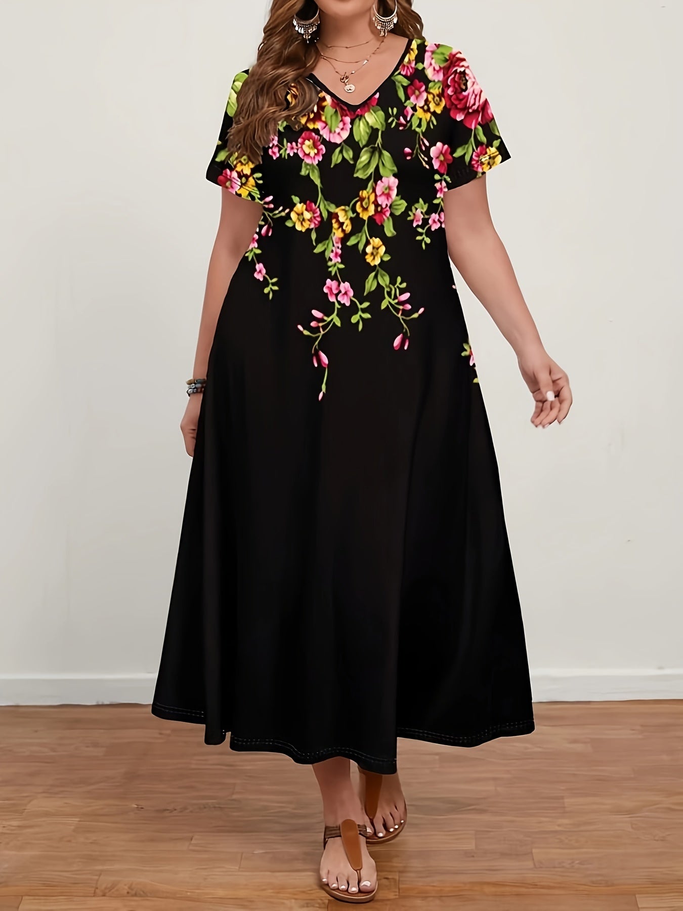 Plus Size Women's Floral Print V-Neck Dress Black with Colorful Flowers for Spring Summer Fall