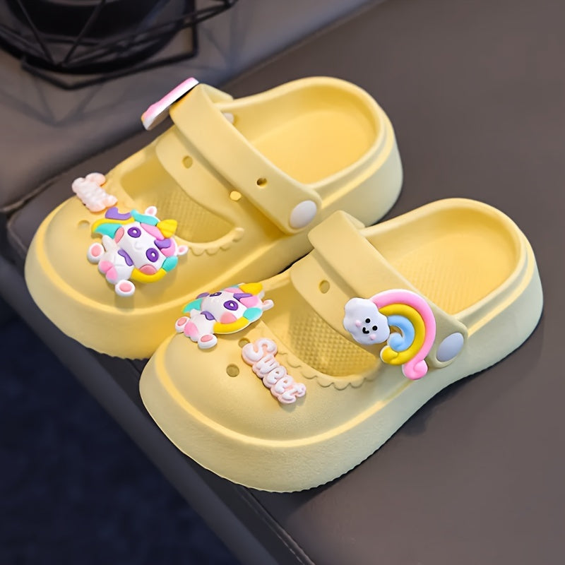 Girls' Cartoon Clogs in Pink and White with Charms for All-Season Indoor Outdoor Use