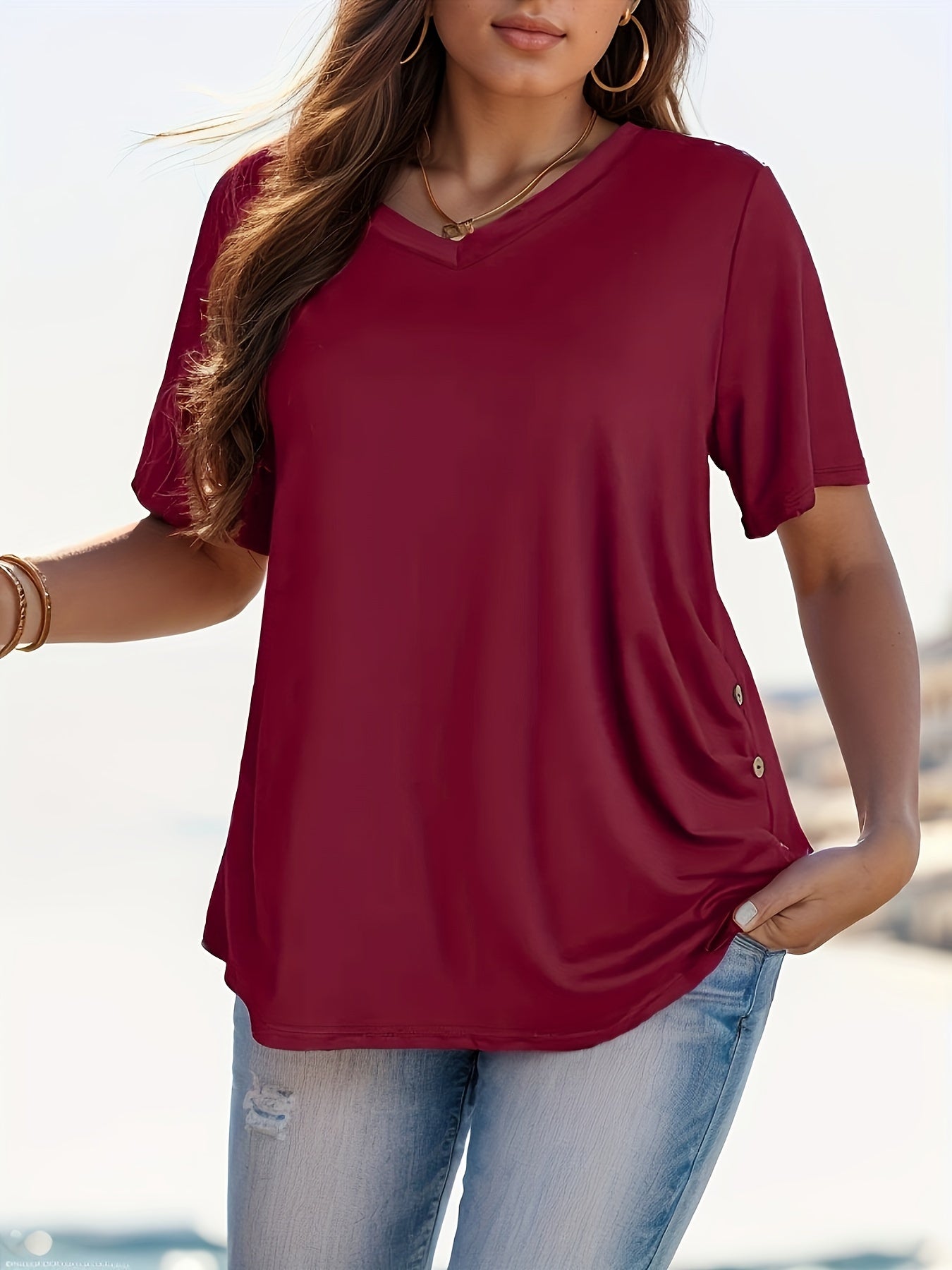 Camiseta casual de manga corta y escote en V para mujer de tallas grandes en verde