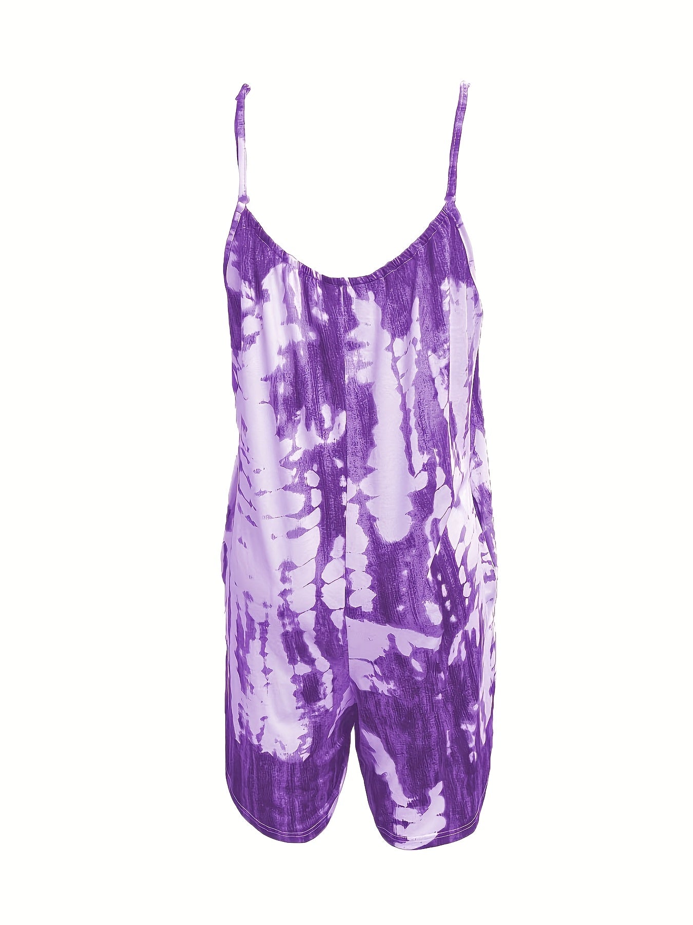Women’s Sleeveless Tie-Dye Jumpsuit with Pockets, Adjustable Straps, Purple White