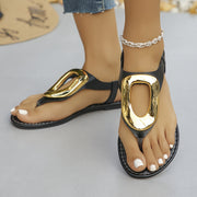 Women's Black and Gold Flat Sandals Open-Toe Metallic Adjustable Straps