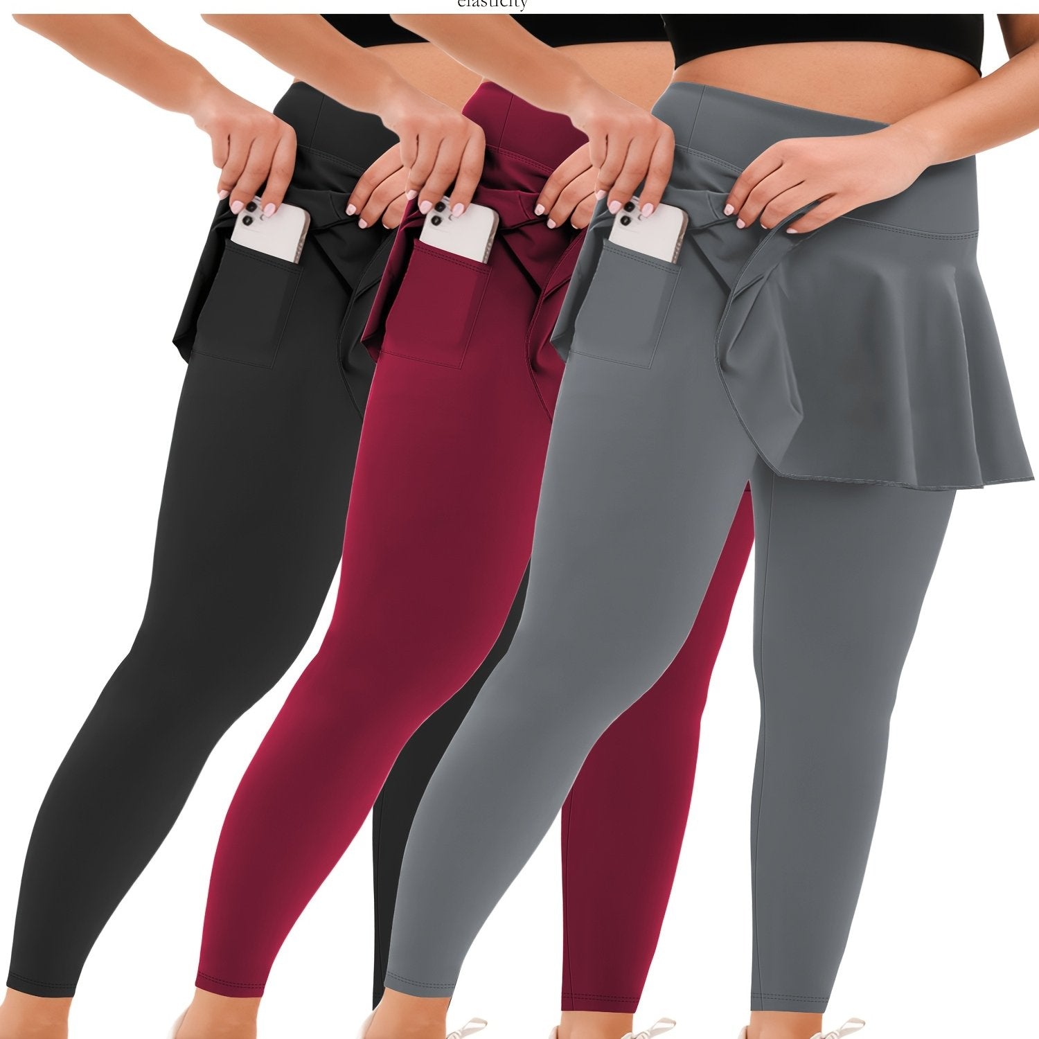 Plus Size High Waist Cropped Leggings with Pockets 3-Pack Elastane Knit