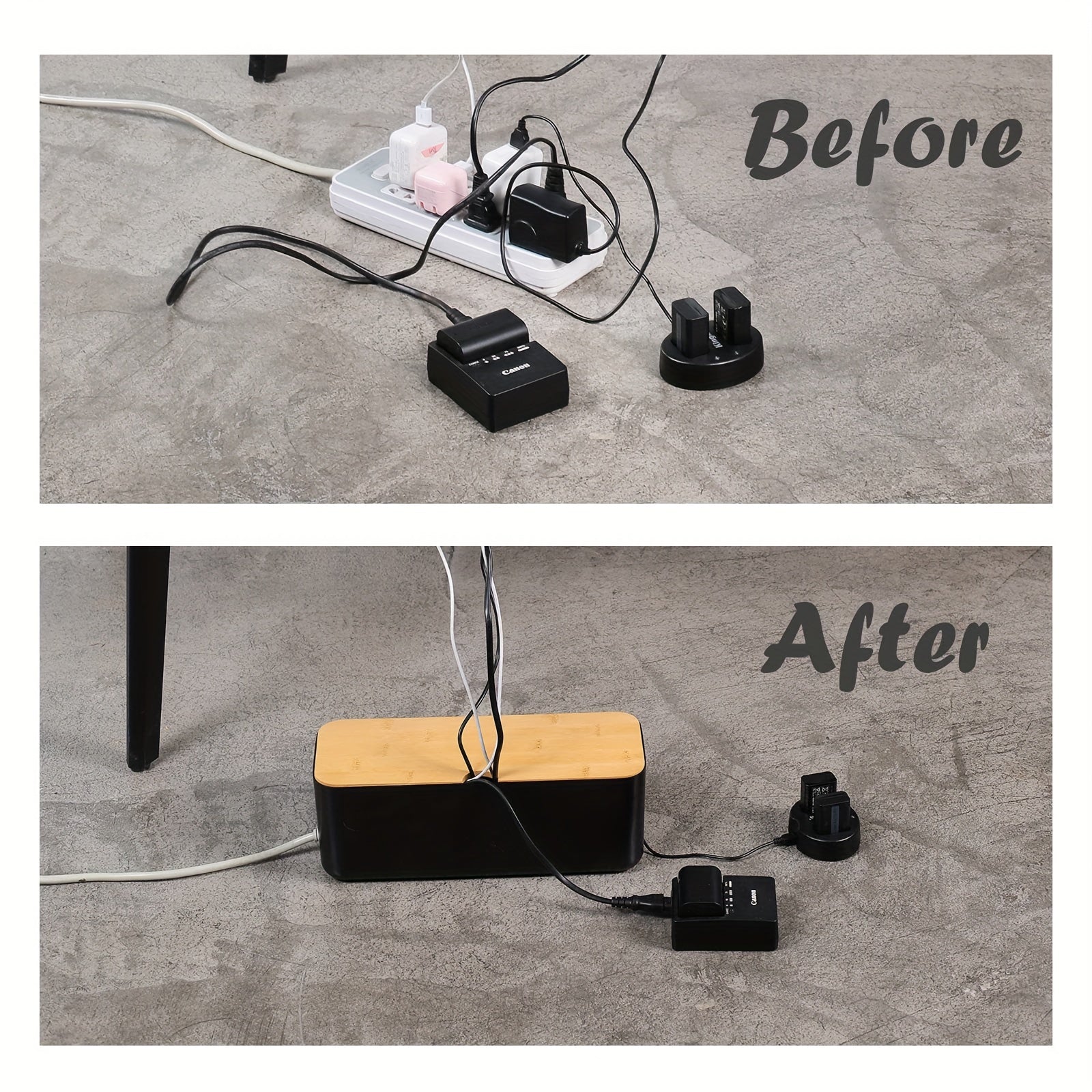 Caja de almacenamiento de escritorio con tapa de madera de bambú para organización de cables y maquillaje