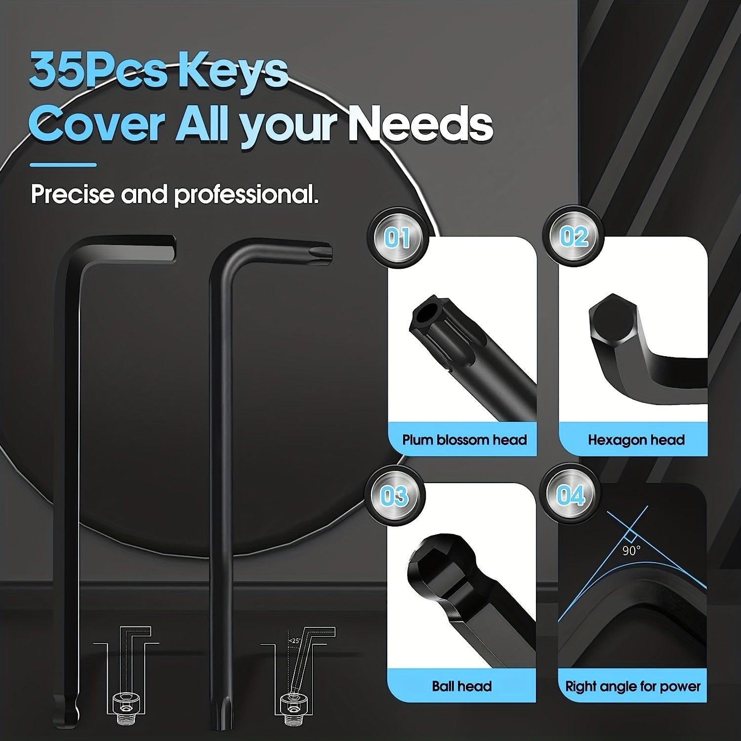 Juego de llaves Allen de 36 piezas en SAE y métrico con Torx y cabeza esférica