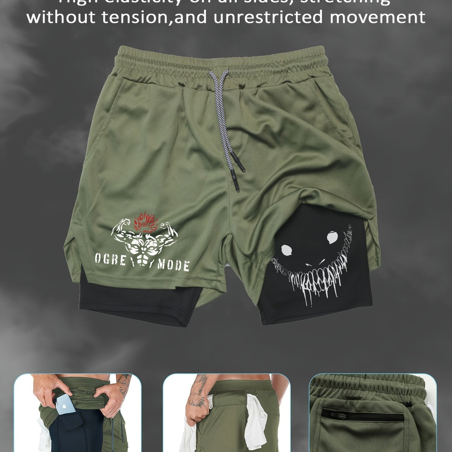 Men's Summer Print Dual-Layer Shorts Breathable Quick-Dry Pockets Casual Sports