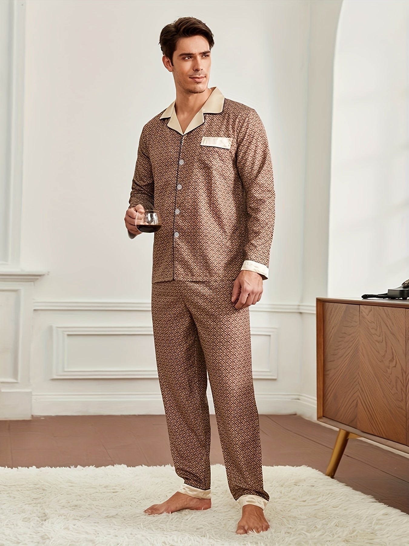 Men's Vintage Geometric Print Pajama Set Long Sleeve Trousers Lounge Wear Polyester