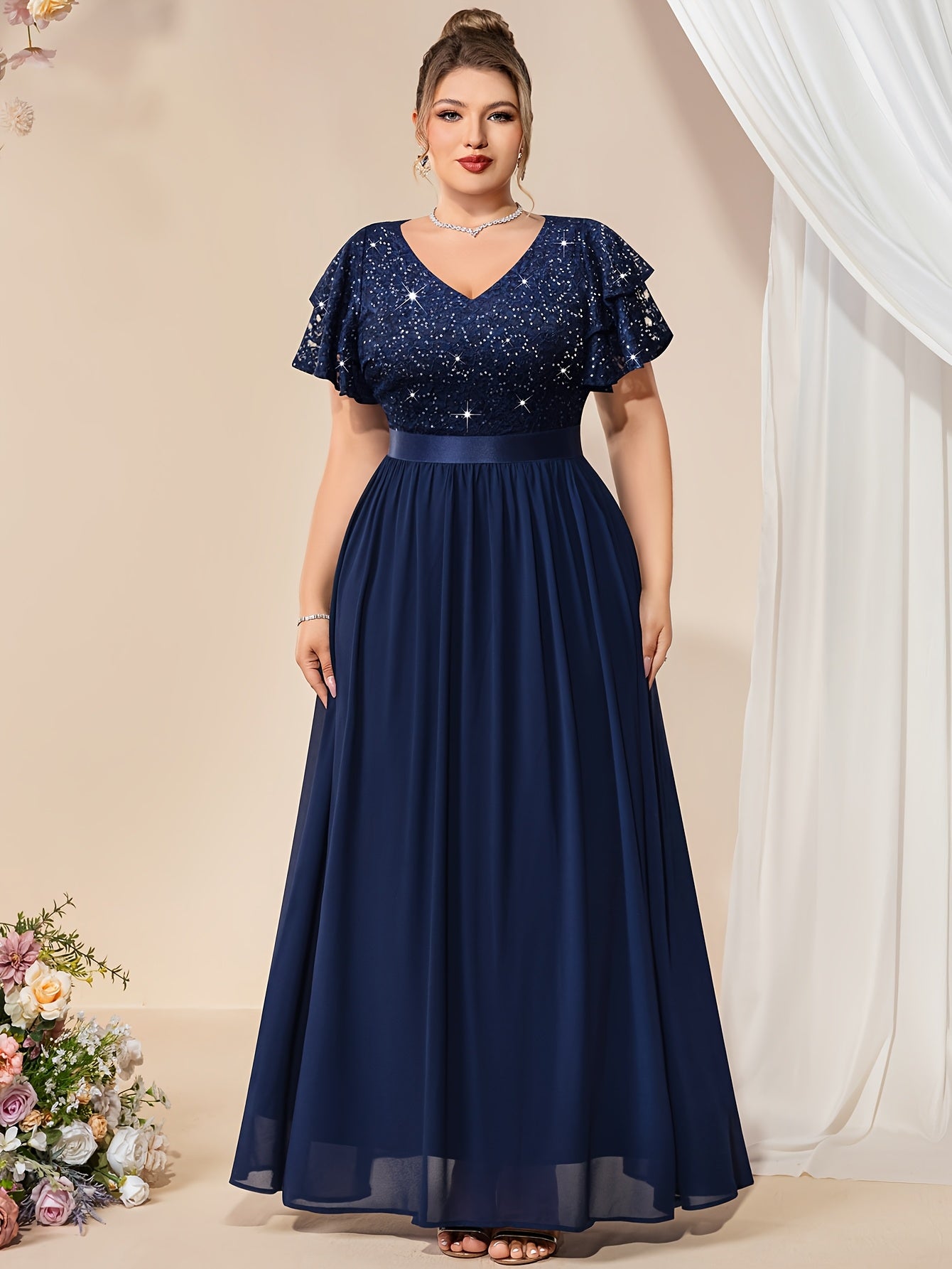 Women Maxi Dress Lace Beaded V-Neck Chiffon Party Summer Plus Size