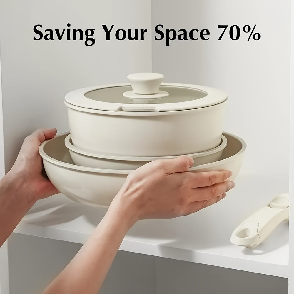 Set of 5 Aluminum Non-Stick Cookware Pots Pans with Detachable Handle