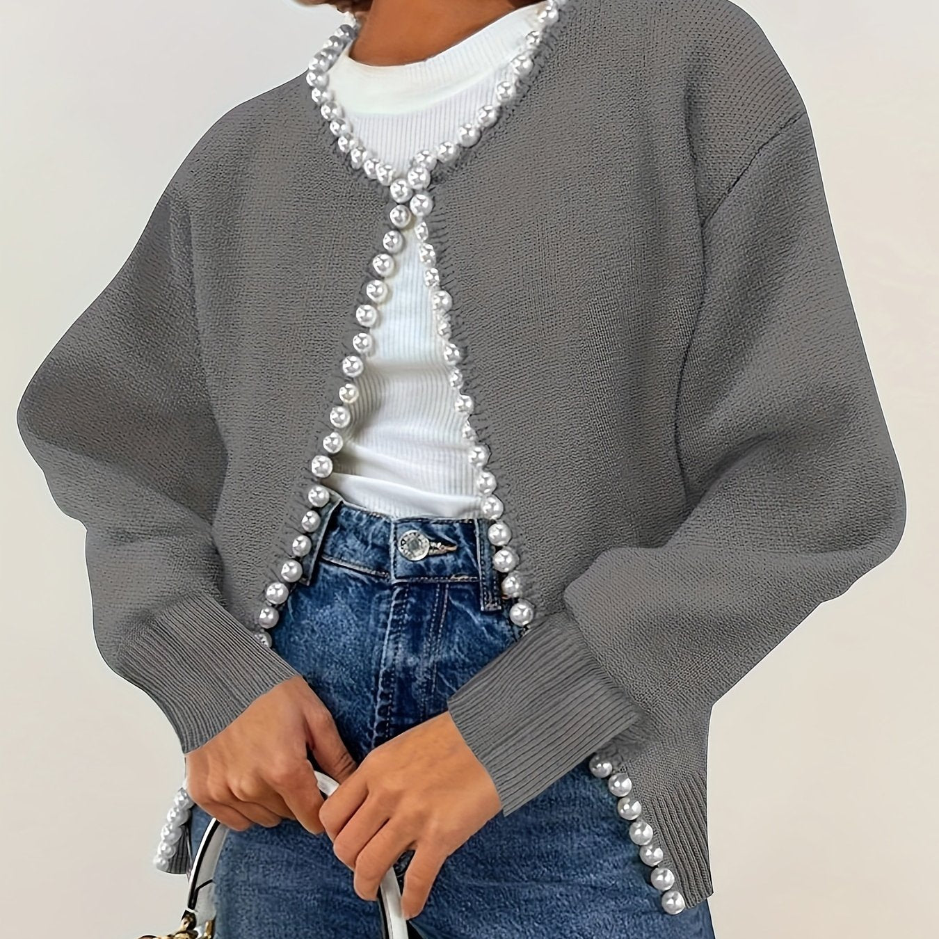 Cárdigan corto para mujer de talla grande con perlas, blanco, suéter de manga larga