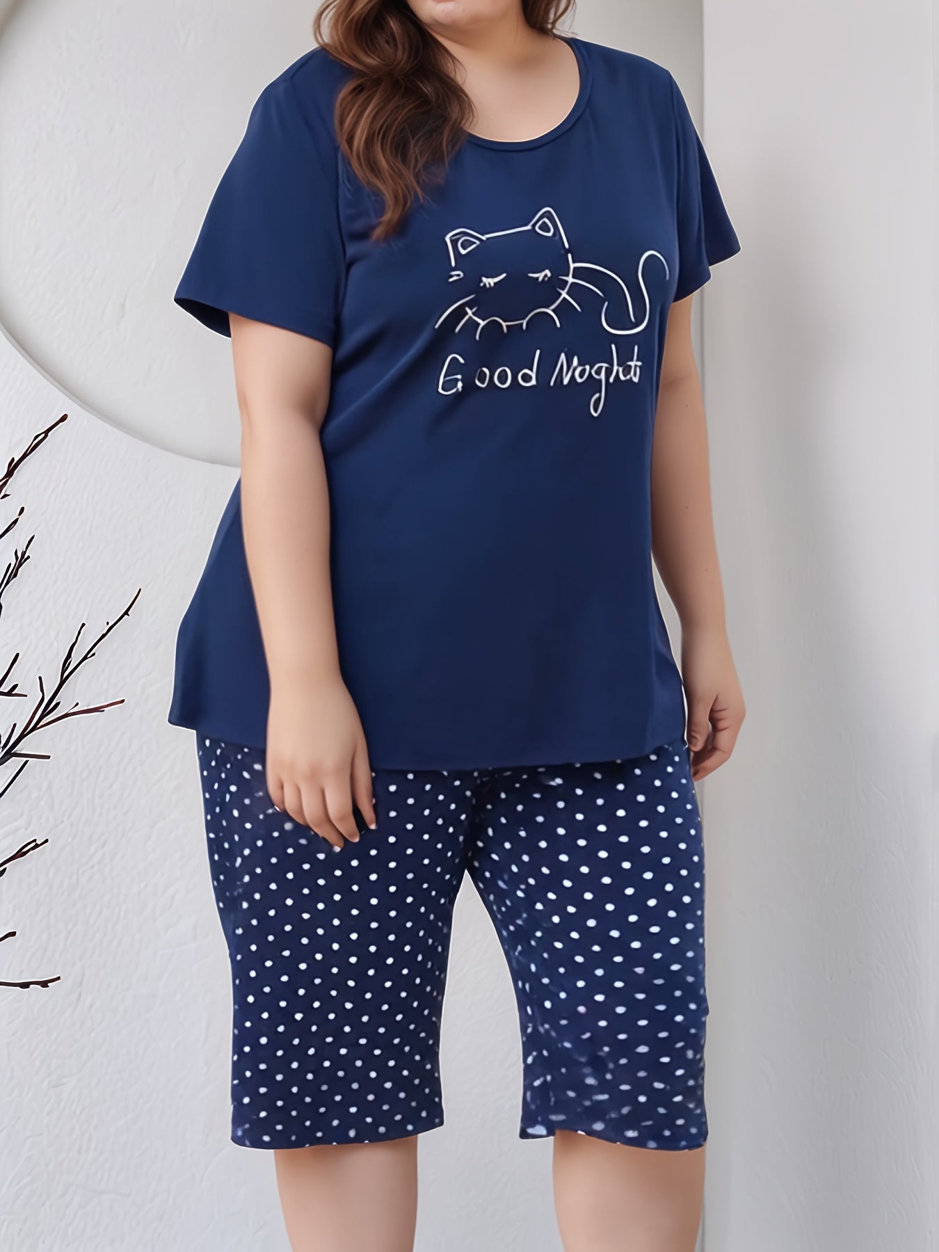 Женский летний пижамный комплект больших размеров с котами, топ с коротким рукавом и шорты, синий и белый, полиэстер