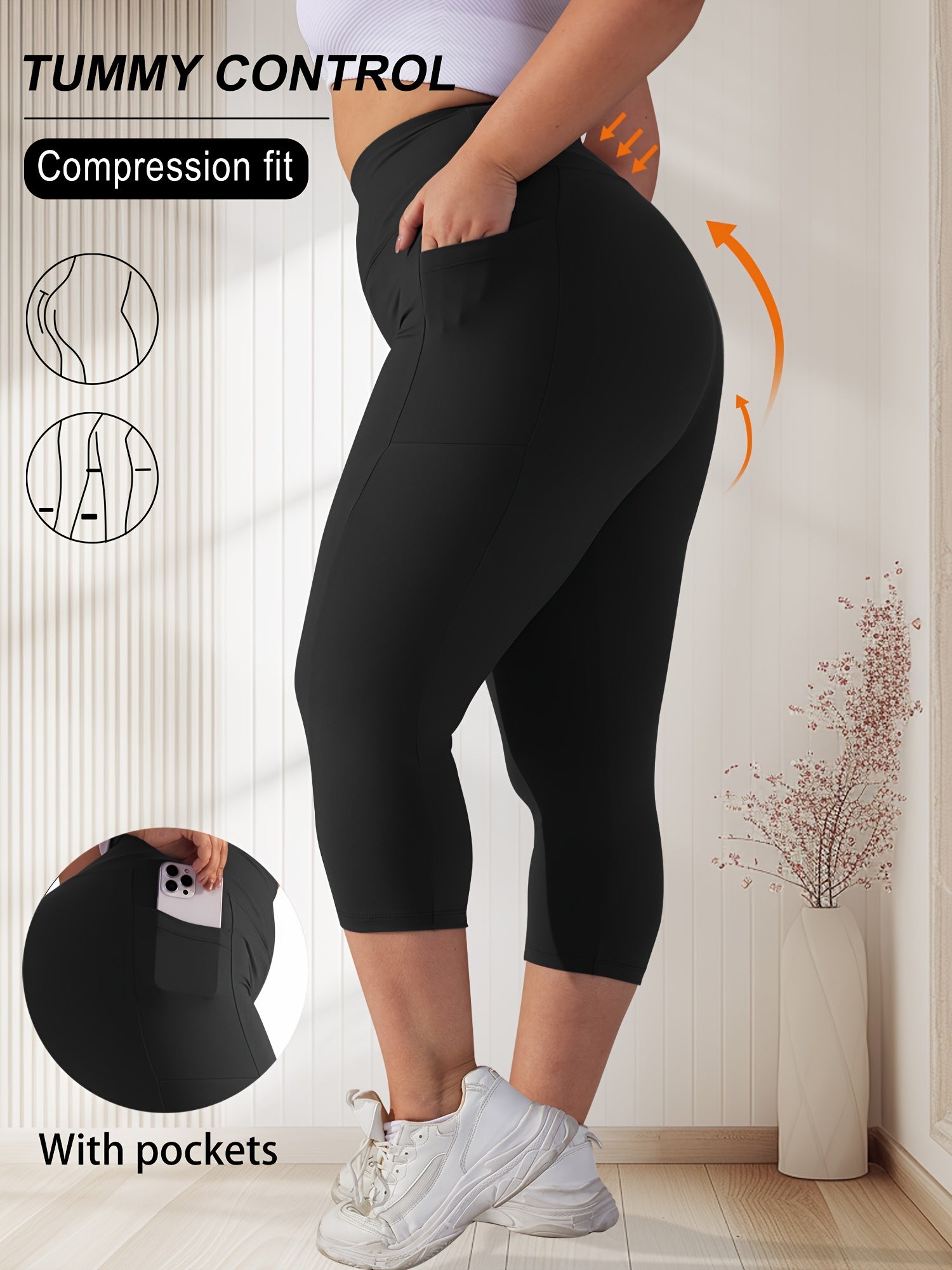 Ayollar uchun kattaroq o'lchamdagi yuqori belli Capri legginslar, cho'ntaklar bilan, polyester aralashmasi, qorong'i ko'k