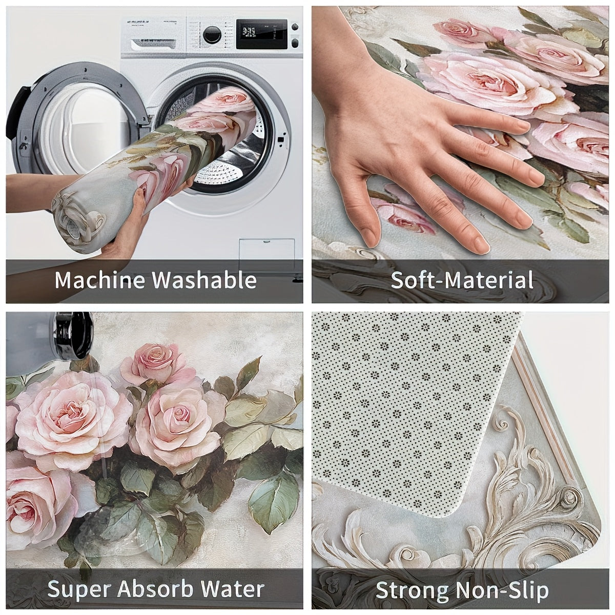 Valentine's Day Rose Flower Door Mat Non-Slip Machine Washable Entry Rug Indoor Decor