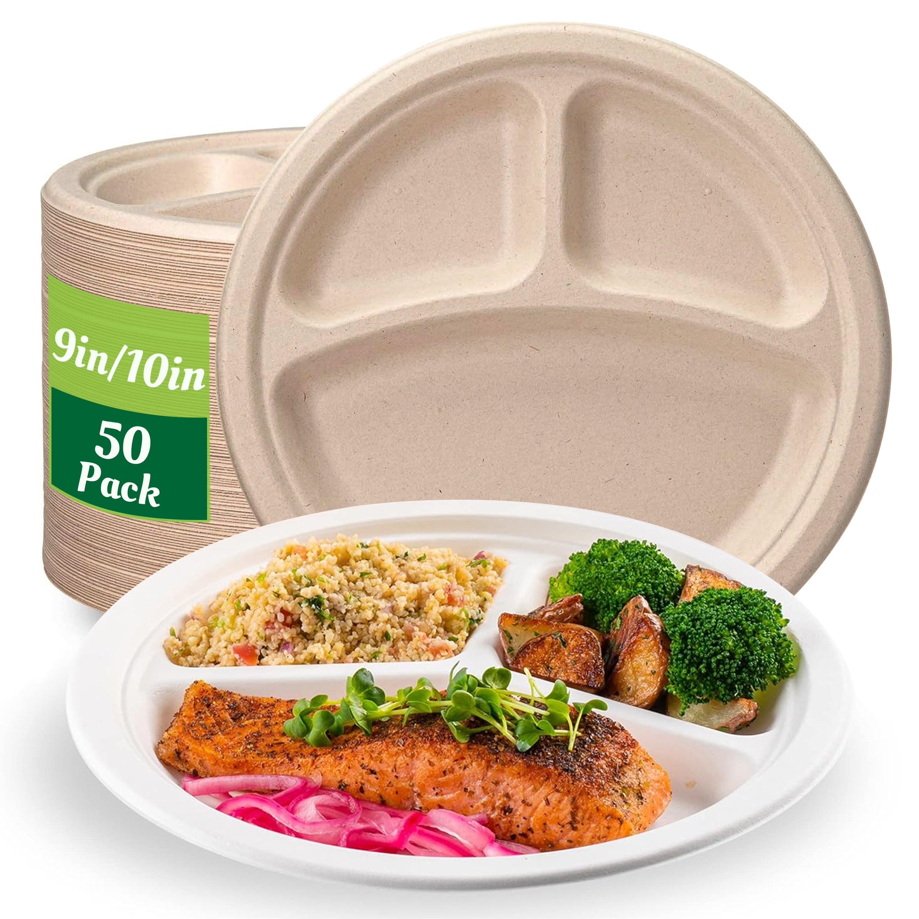 Set of 50 Biodegradable Disposable Paper Plates 9/10 Inch 3 Compartments for Parties