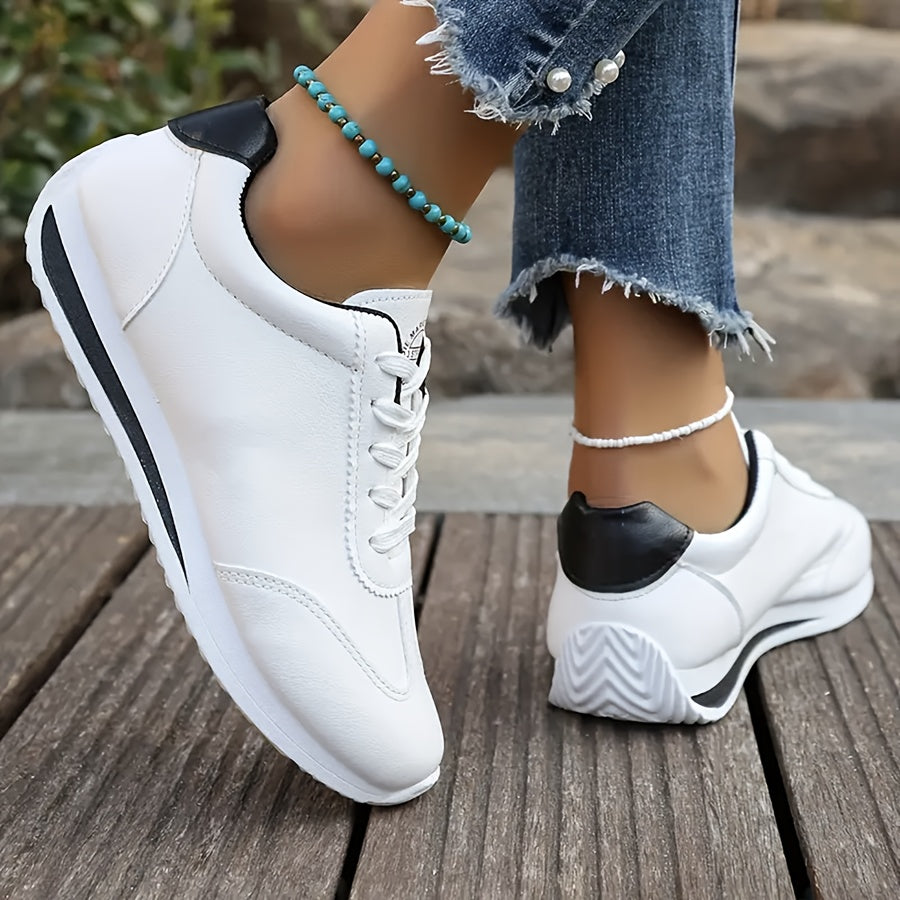 Women's White Breathable Casual Sneakers with Rubber Sole and Black Accents