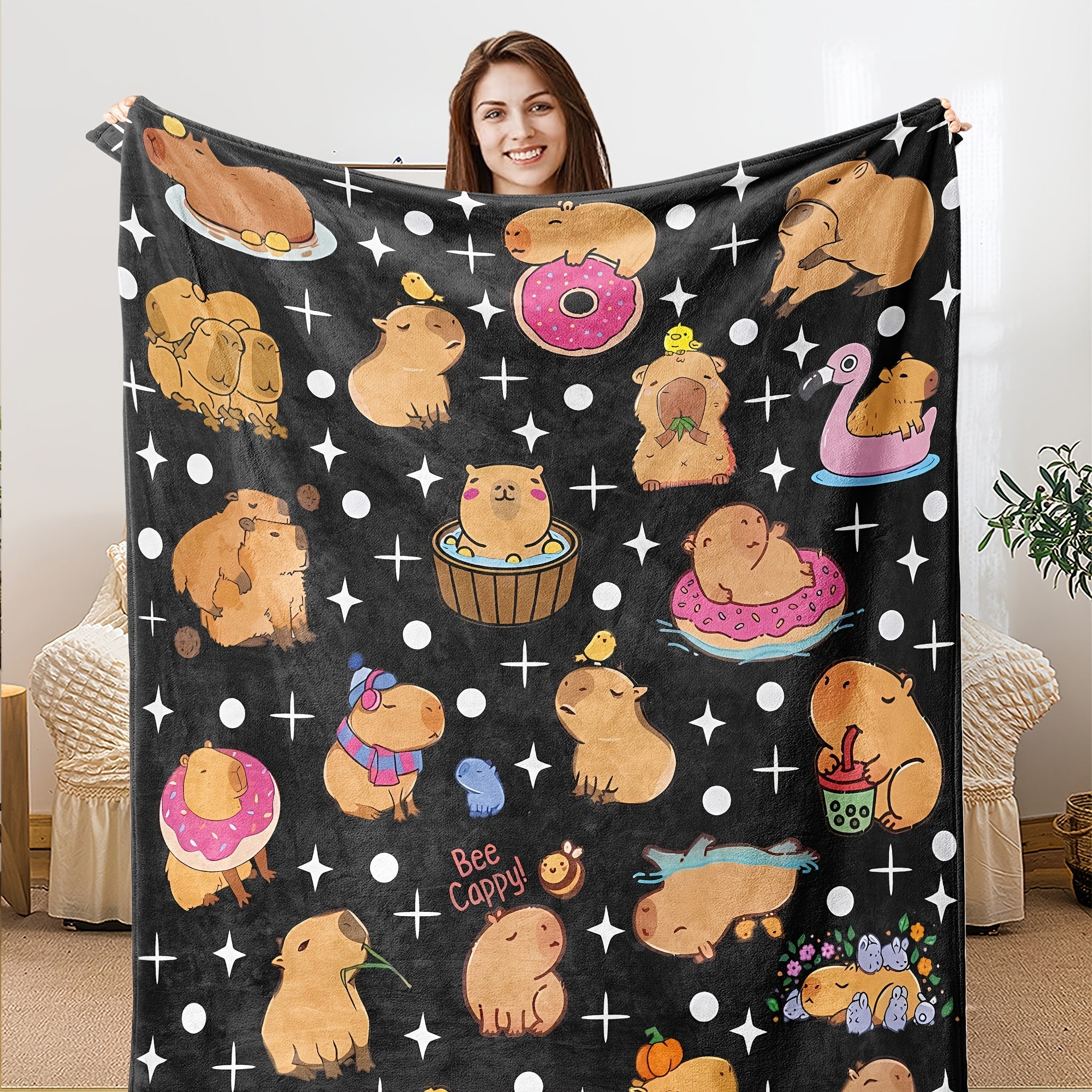 Luxurious Capybara Flannel Blanket for Couch Bed Camping Soft Easy-Clean Bedding