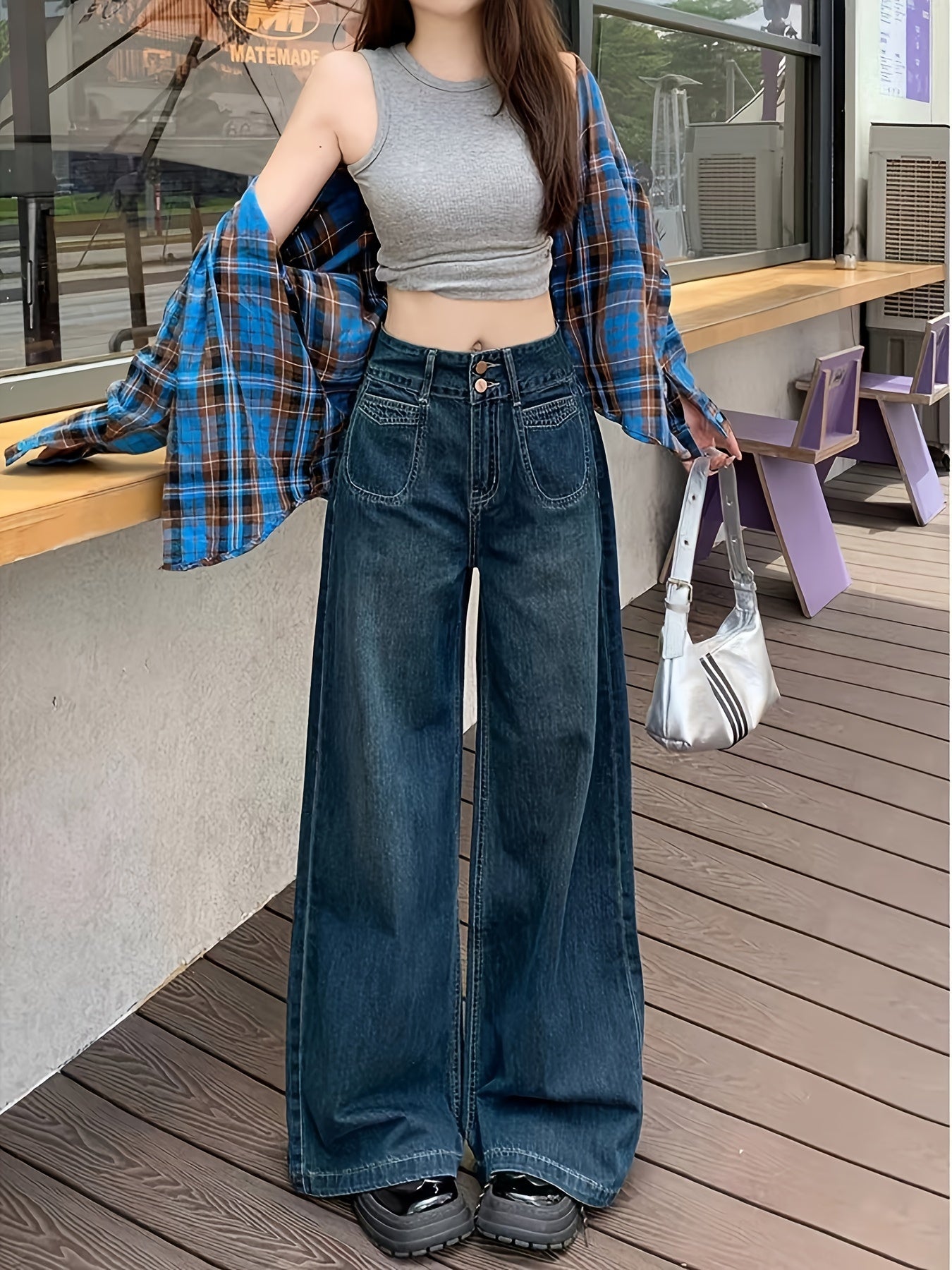 Jeans de campana de pierna ancha para mujer de mezclilla de longitud larga y cintura alta, estilo casual