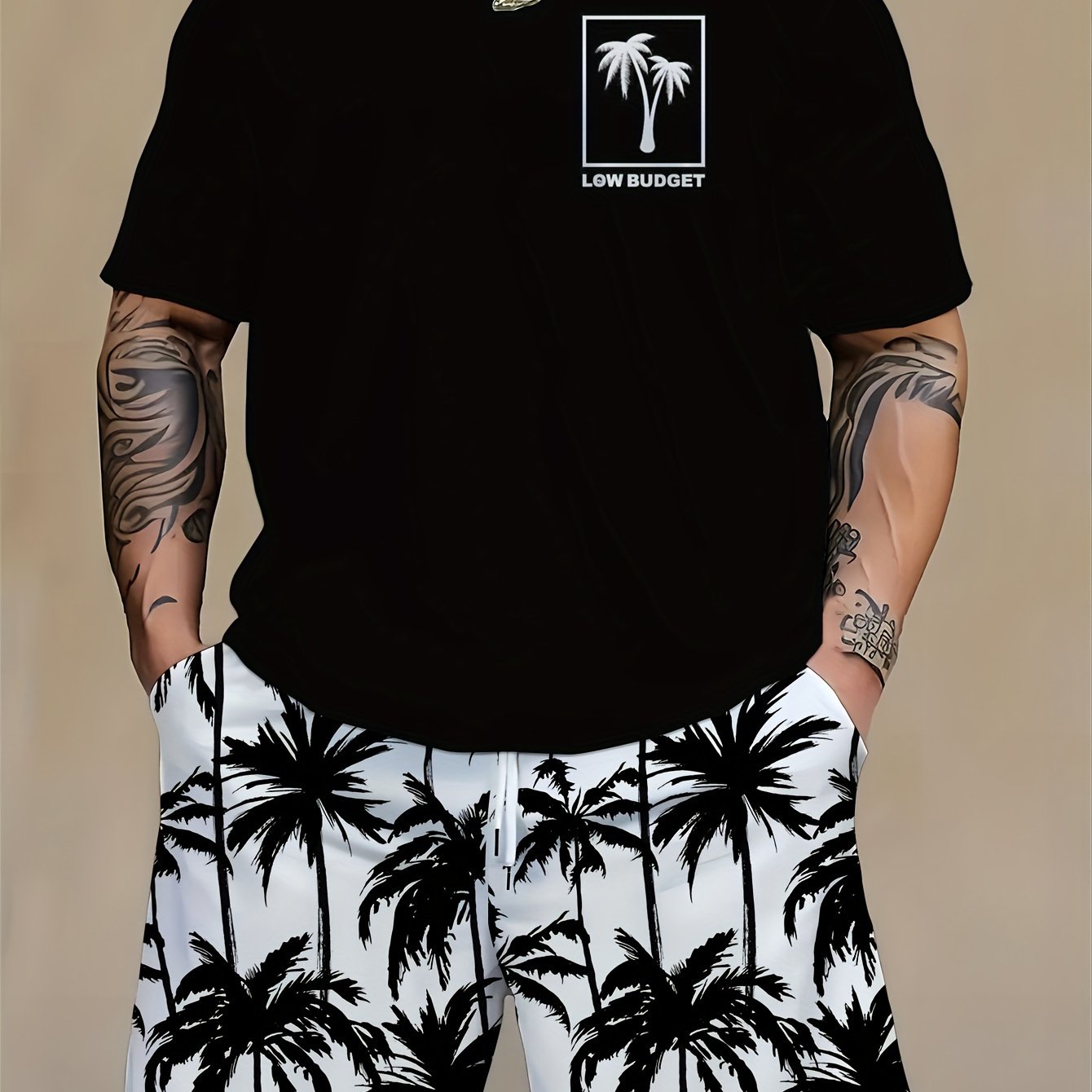 Men's Casual Outfit Set Polyester Cartoon Print Crew Neck T-Shirt and Shorts