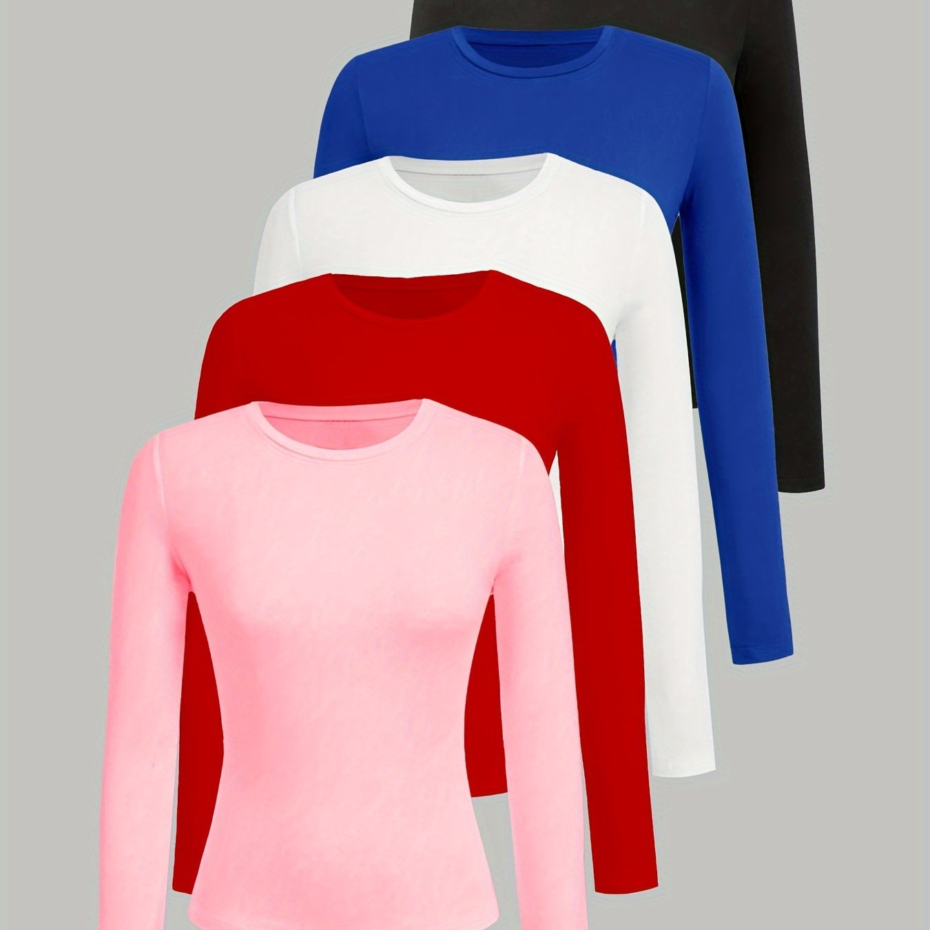 Women's Plus Size Long Sleeve T-Shirts Soft Stretch Casual Round Neck Tops Pack of 5