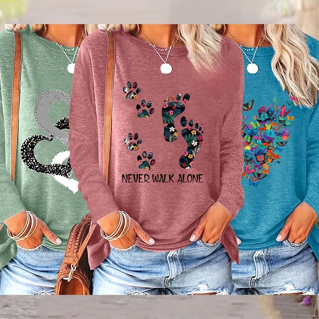 Women's Casual Long Sleeve T-Shirts Set with Geometric Prints in Black Teal Pink and Purple