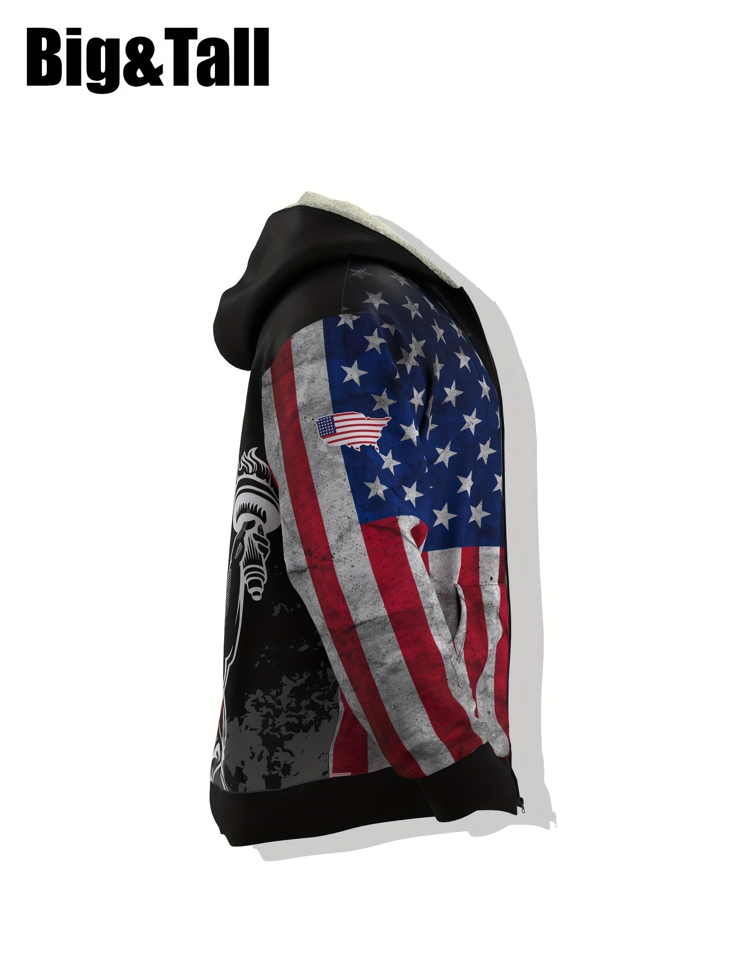 Erkaklar uchun Amerika bayrog'i va Ozodlik haykali printi bilan bezatilgan kapüşonli patriotik kurtka, katta va baland o'lchovlar, shamol to'suvchi uslub, polyester bilan astarlangan, tasodifiy, qo'l bilan yuvish yoki quruq tozalash, plus o'lchov.